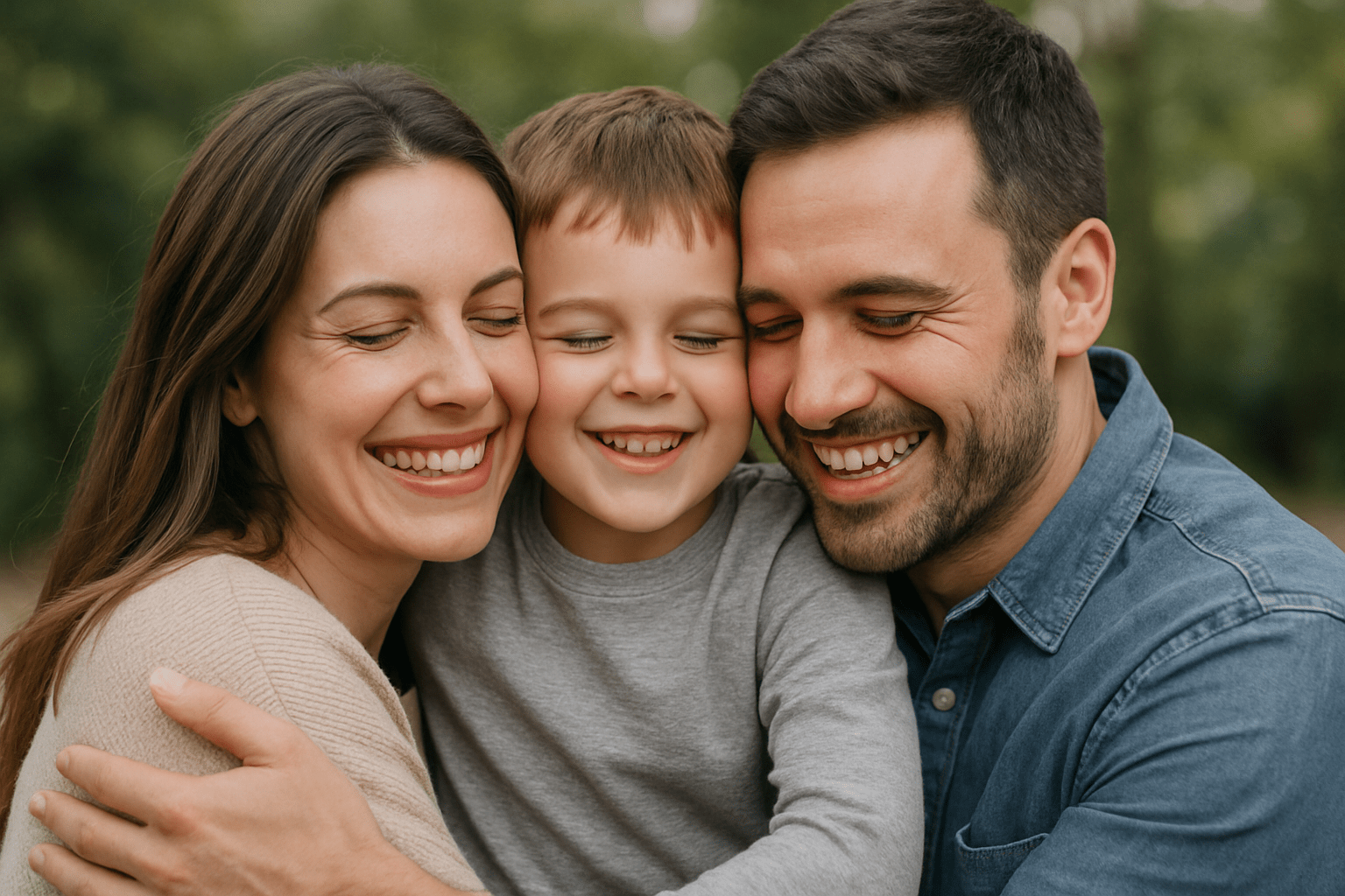 мама и папа обнимают ребенка, улыбаются реалистичное фото