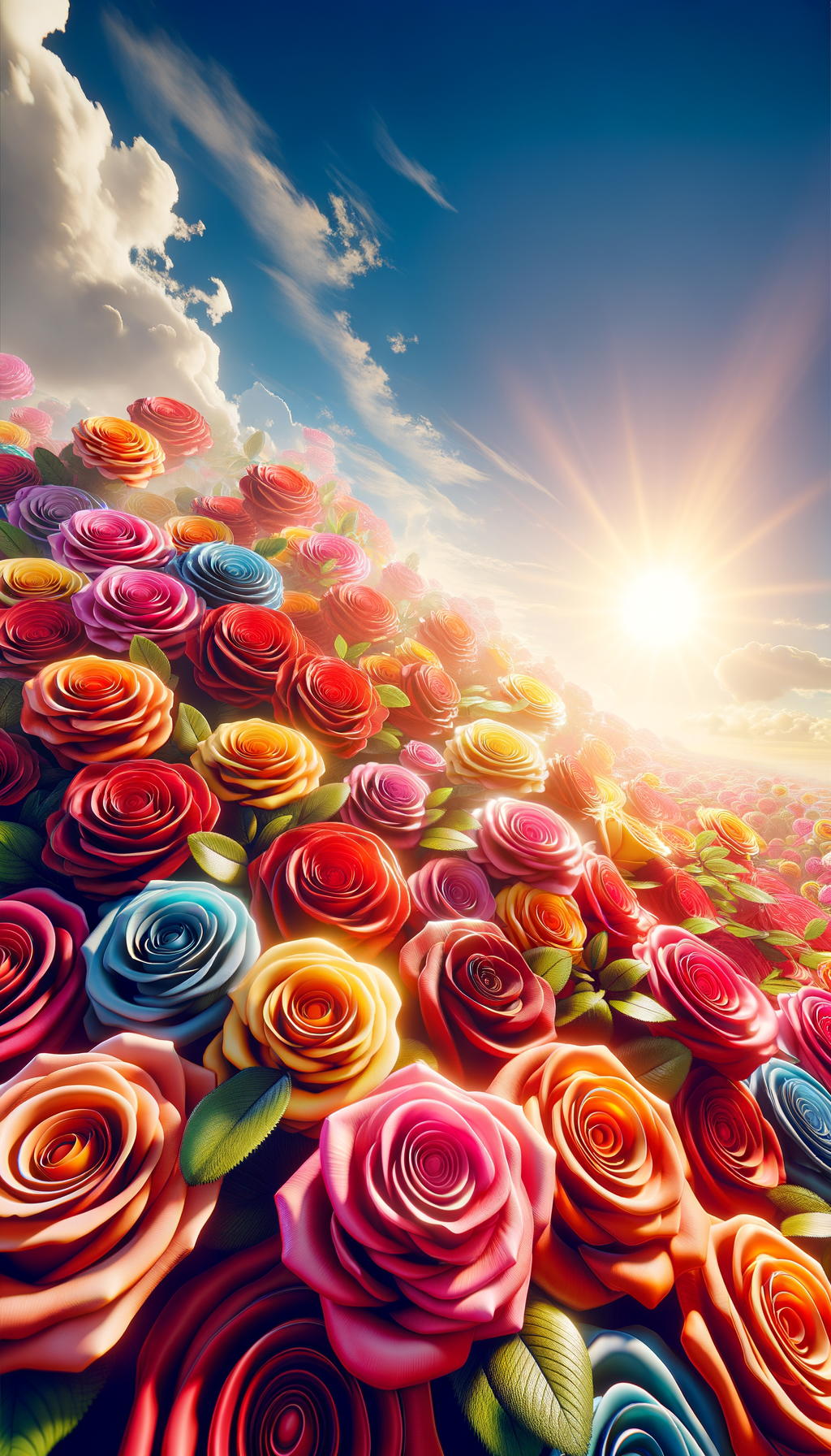 a large bouquet of roses, in the background there is a blue sky and the sun is shining