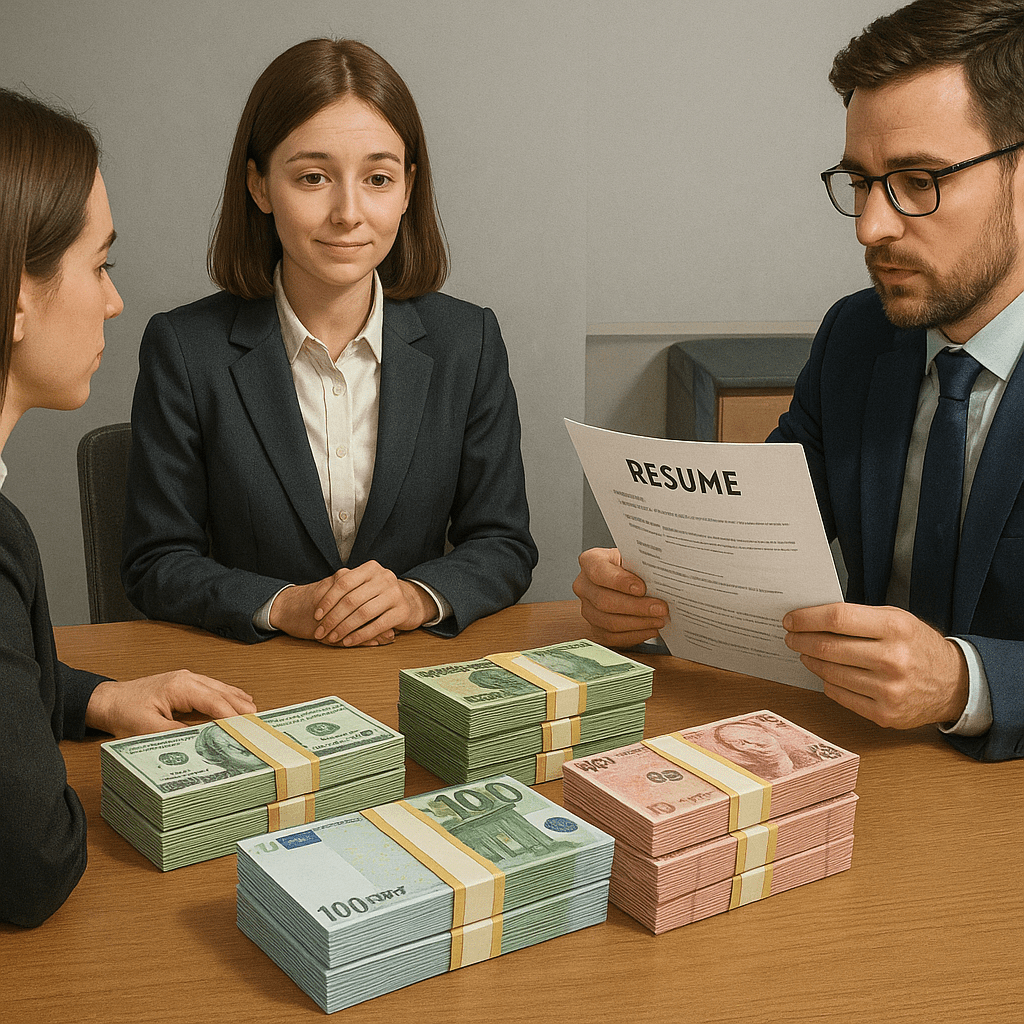Нарисуй  стопки денег с разными валютами на столе. За столом сидит скромная девушка в деловом костюме а на другом соле мужчина и женщина читают ее рзюме, а между ними стопки денег