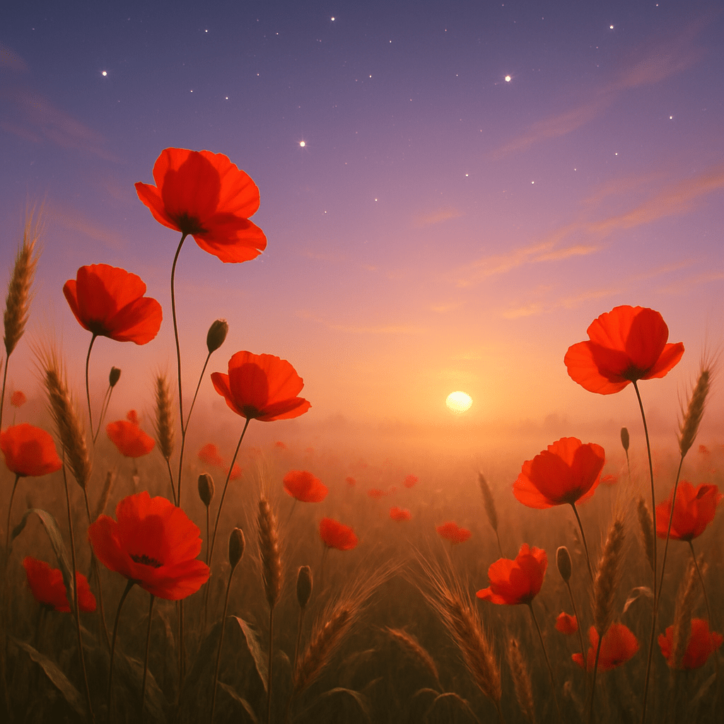 Полёта маками и пшеницей на закате в лёгком тумане на небе появляются первые звезды нежные тона Полёта маками и пшеницей на закате в лёгком тумане на небе появляются первые звезды нежные тона