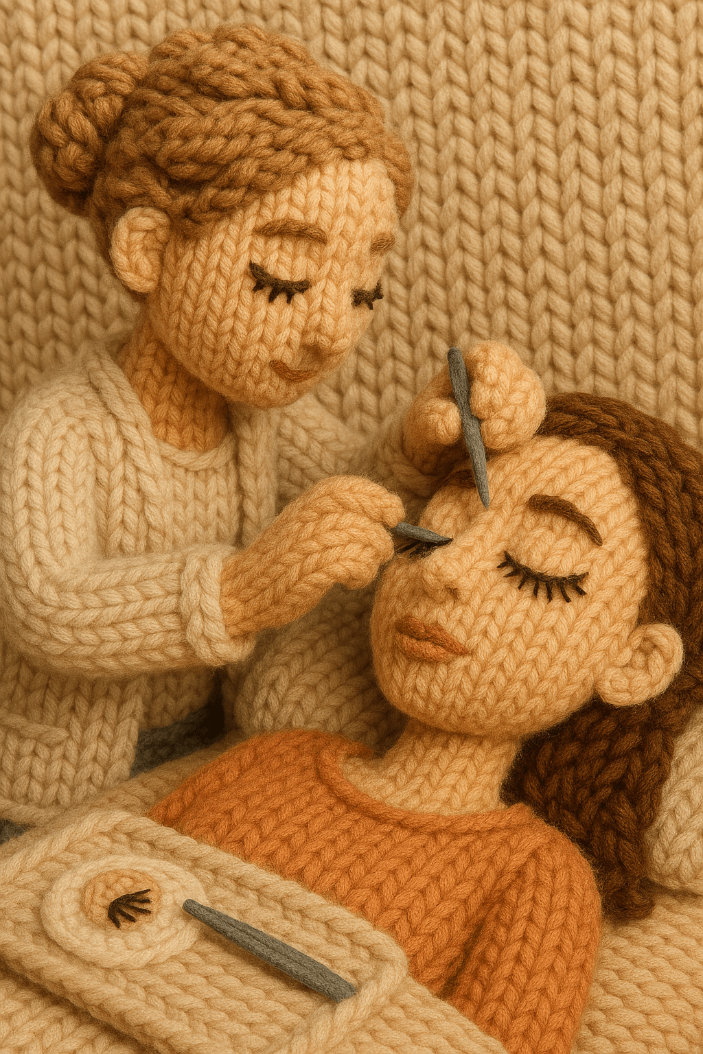 Наращивание ресниц. Фотореалистичное изображение в вязаном стиле: сцена полностью выполнена из пряжи. Персонажи, фон, одежда и предметы выглядят так, будто связаны вручную крючком или спицами. Толстые шерстяные нити, объёмные петли, мягкая текстура, крупные планы волокон пряжи. Детализированная вязка, аккуратные стежки, ощущение ручной работы. Тёплые пастельные тона, мягкое рассеянное освещение, реалистичная текстура, высокая детализация и аккуратные тени.