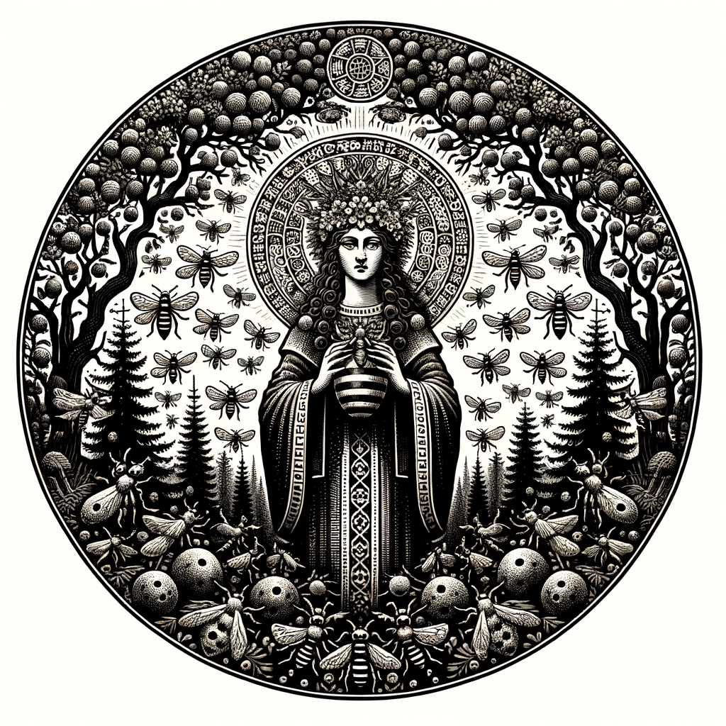 балто-славянская языческая богиня лесных пчел аустейя. древний рисунок в стиле 13 века. языческая лесная богиня