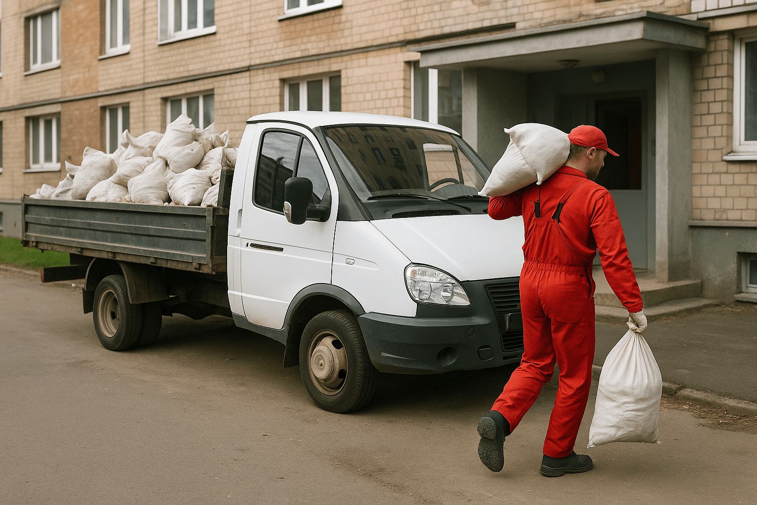 Возле подъезда многоквартирного дома стоит газель загруженная строительным мусором, к газели направляется грузчик в красном рабочем комбинезоне и несет мешок строительного мусора. Картинка должна быть реалистичной
