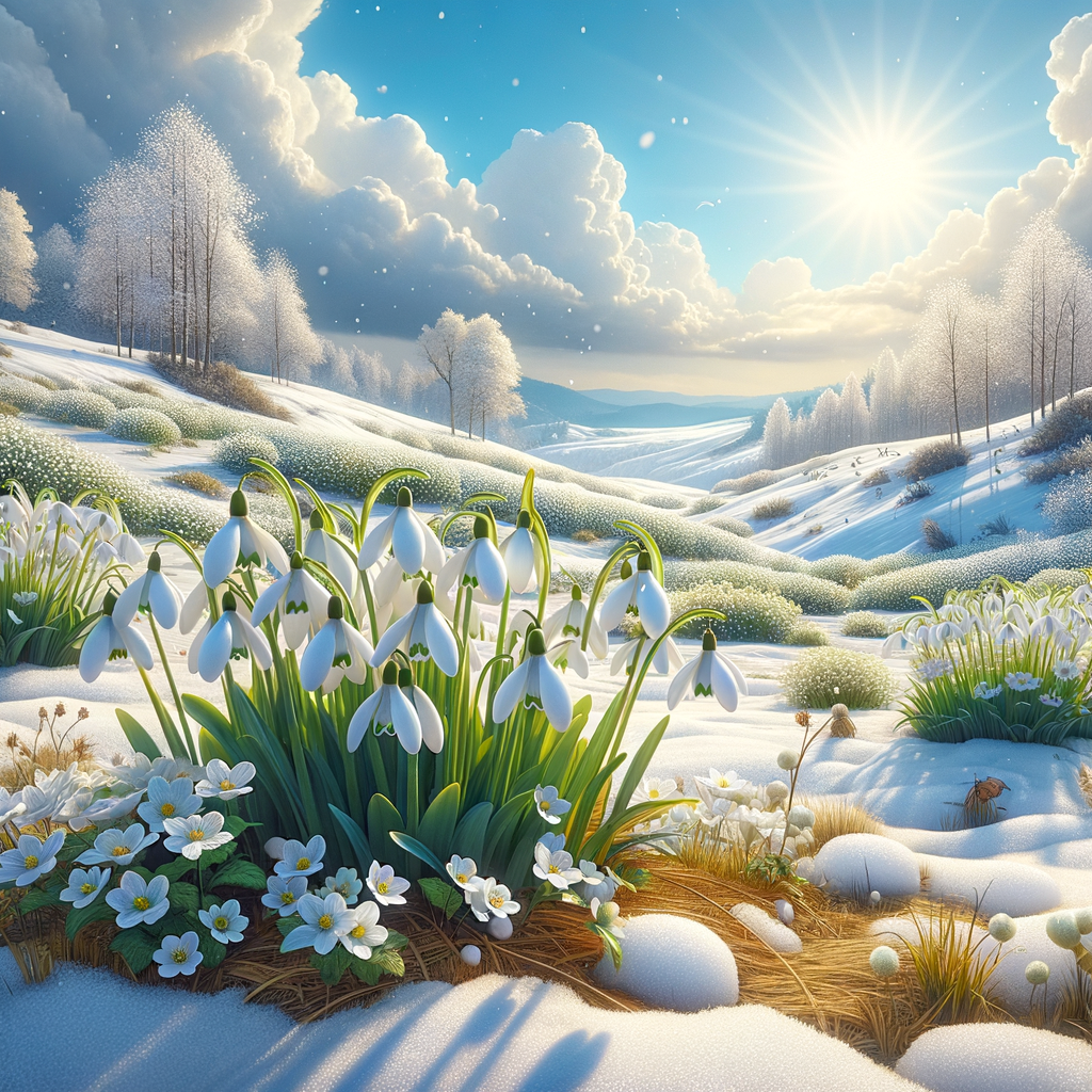 snowdrop flowers, melting snow, blue sky, sun shining