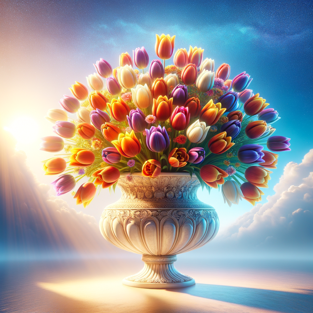 a bouquet of tulips in a beautiful vase, in the background the sun and sky