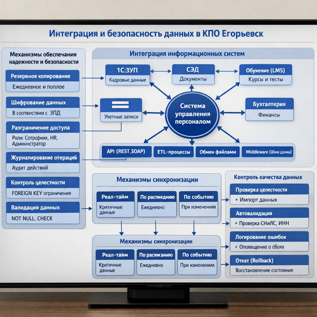 Механизмы обеспечения надежности и безопасности

Механизм	Назначение
Регулярное резервное копирование	Ежедневное, инкрементное + еженедельное полное
Шифрование персональных данных	В соответствии  законодательством о персональных данных
Разграничение прав доступа	По ролям («Сотрудник», «Руководитель», «HR», «Администратор»)
Журналирование операций	Аудит действий пользователей
Контроль ссылочной целостности	Ограничения FOREIGN KEY
Валидация данных	NOT NULL, CHECK – ограничение на уровне БД 

Интеграционный контур обеспечивает обмен данными между системой управления эффективностью персонала и смежными информационными системами ООО «КПО Егорьевск». Основные системы-источники и приемники данных представлены в Таблице 35.

Таблица 35
Основные системы-источники и приемники данных

Система	Роль в интеграции	Данные для обмена
«1С:ЗУП»	Основной источник каровых данных	Приемы, переводы, увольнение, штатное расписание, оклады
Система электронного документооборота (СЭД)	Обмен организационно-распорядительной документацией	Приказы, служебные записки, NDA
Облачные сервисы обучения (LMS)	Синхронизация данных об обучении	Пройденные курсы, сертификаты, результаты тестов
Бухгалтерская система	Обмен финансовыми данными	Премии и компенсации, связанные с результатами оценки эффективности
Система контроля доступа	Синхронизация учетных записей	Учетные записи, права пользователей

Способы интеграции представлены в Таблице 36.

Таблица 36
Способы интеграции



Продолжение Таблицы 36

Способ	Назначение	Пример использования
API (REST/SOAP)	Оперативный обмен данным в режиме реального времени	Синхронизация статусов обучения с LMS
ETL- процессы	Периодическая выгрузка/загрузка данных	Ежедневная синхронизация кадровых изменений из «1С:ЗУП»
Файловый обмен (CSV,XML)	Передача больших массивов данных или отчетности	Квартальные отчеты поKPI
Middleware (интеграционная шина)	Централизованное управление потоками данных между системами	Маршрутизация данных между «1С:ЗУП», LMS и HR- системой

Механизмы синхронизации представлены в Таблице 37.

Таблица 37
Механизмы синхронизации

Механизм	Когда применяется	Пример
Реал-тайм	Для критически важных данных	Обновление прав доступа при кадровом переводе
По расписанию	Регулярный обмен данными	Ежедневная синхронизация с «1С:ЗПУ»)
По событию	Запуск синхронизации при внесении изменений	Обновление данных в LMS после завершения курса

Контроль качества данных при интеграции приведен в Таблице 38.

Таблица 38
Контроль качества данных при интеграции

Механизм	Функция
Проверка целостности и согласованности данных	На этапе импорта
Автоматическая валидация форматов	Проверка СНИЛС, ИНН и т.п.
Логирование ошибок интеграции 	Уведомление администратору о сбоях
Механизмы отката (rollback)	Восстановление состояния при сбоях обмена

нарисуй схему на русском языке без орфографических ошибок как скиншот с рабочего стола экрана