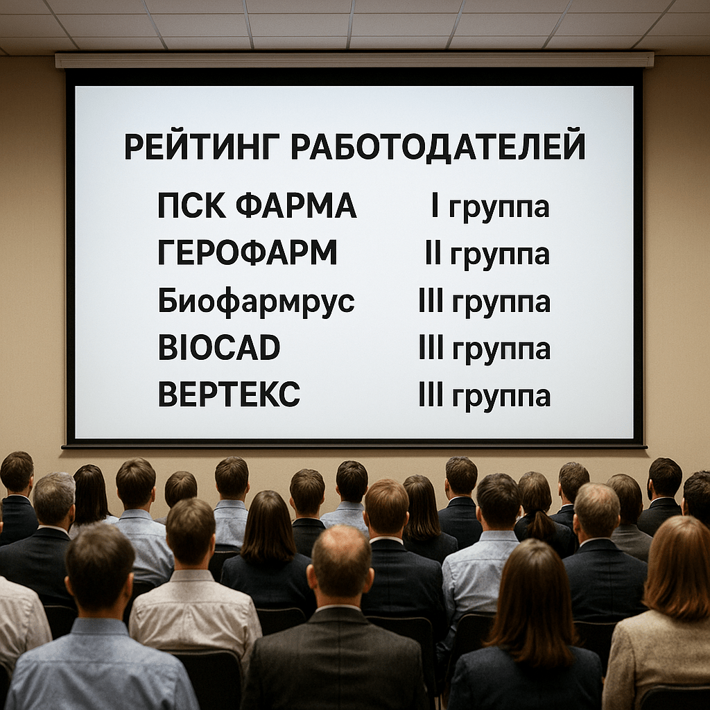 Нарисуй на большом экране в конференц зале информацию под названием: Рейтинг работодателей, а вокруг полный зал людей которым представляют эту информацию ПСК Фарма" - I группа
• "ГЕРОФАРМ" - II группа
• "Биофармрус" - III группа
• "BIOCAD" - III группа 
• "ВЕРТЕКС" - III группа
