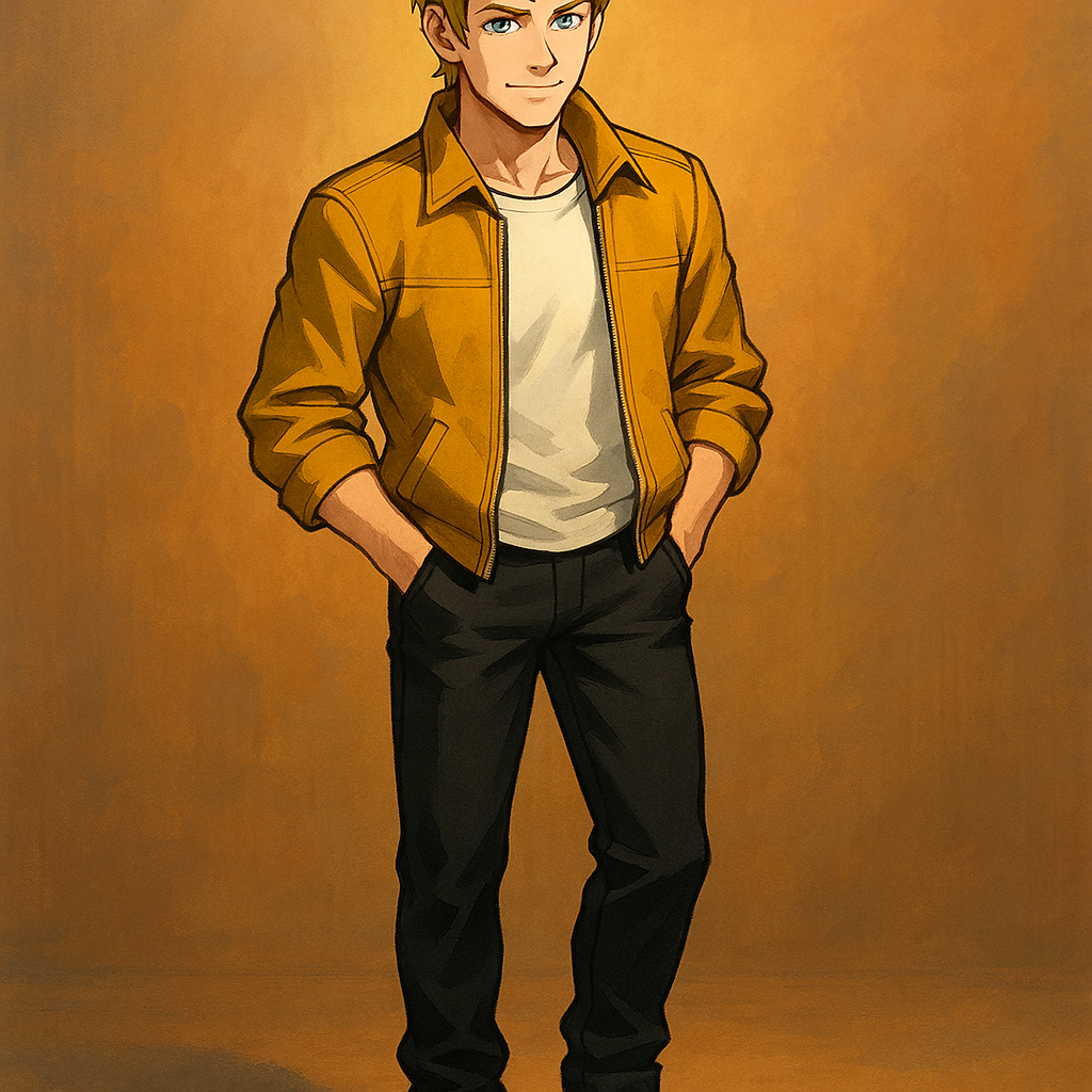 Бамблби, трансформеры прайм. Юноша выглядит примерно на 20-22 года, что соответствует юному статусу персонажа среди автоботов. Он обладает стройным,  атлетичным, подтянутым телосложением, что идеально отражает акцент на ловкости и скорости, присущие Бамблби.
Особенно примечательны следующие черты, которые хорошо соотносятся с образом персонажа:
Тёмно-желтые волосы с немного взъерошенной укладкой выглядят стильно и динамично, что отражает энергичный характер Бамблби.
Выразительные черты лица с открытым, располагающим выражением. Четкие линии скул и подбородка говорят о решительности, присущей разведчику, а легкий намек на улыбку в уголках губ выдает его дружелюбную натуру.
Жакет горчично-коричневого цвета очень близок к желтой цветовой гамме классического Бамблби, только в более приглушенном, реалистичном варианте.
Нежно-белая футболка под жакетом создает приятный контраст и подчеркивает молодежный стиль персонажа, а черные брюки завершают классическую для Бамблби желто-черную цветовую схему. Высокие кроссовки.
Поза молодого человека, чуть развернутая в сторону, с руками в карманах, передает ощущение непринужденной уверенности и готовности к действию — черты, которые всегда характеризовали Бамблби.