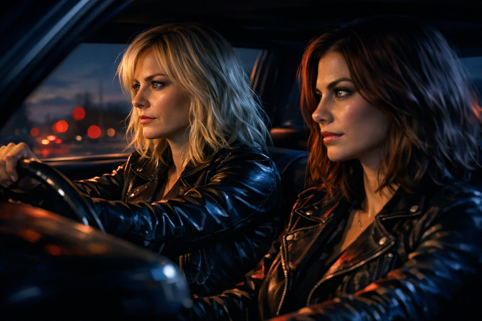 Mary Winchester drives in the evening. Bela Talbot (Lauren Cohan) is sitting next to her. Both women are wearing black leather jackets.