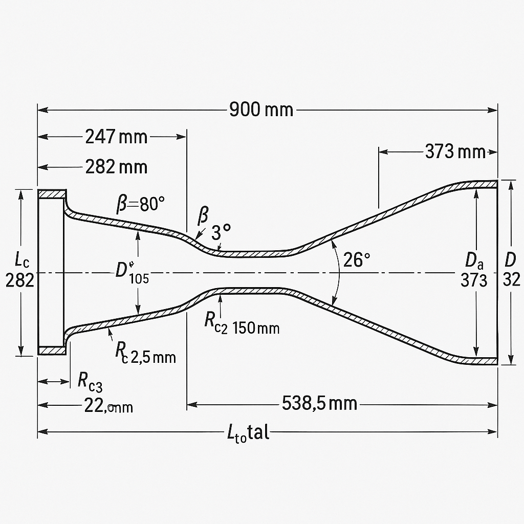 Diameter of the cylindrical part
D
to
D
to

247 mm	
Length of the cylindrical part
L
C
L
C

282 mm	
The diameter of the critical section
is D
*
D
* The radius of the junction of the constriction and the neck
R
c
.2
r
c.2

140-200 mm
​
 	100 mm	
Nozzle outlet diameter
D
a
D
a

373 mm	
The length of the supersonic part of the nozzle
L
a
L
a

538.5 mm	
The angle of the tapering part	
β
β	80°	
Nozzle outlet expansion angle
β
a
β
a

7°	
The angle in the nozzle neck
is β
m
β
m

26°	
The radius of the coupling of the cylinder and the constriction

RC
.1
R
c.1

100 mm	
The radius of the junction of the constriction and the neck
R
c
.2
r
c.2

140-200 mm Accept 150 mm
The radius of the rounding in the neck
is R
c
.3
R
c.3

22.5 mm
0.45
×
R
*
0.45×R
*
​
 
Total length of the camera (approx.)
L
total
L
total

~900 mm
The radius of the rounding in the neck
is R
c
.3
r
c.3

22.5 mm
Total length of the camera (approx.)
L
total
L
total

~900 mm