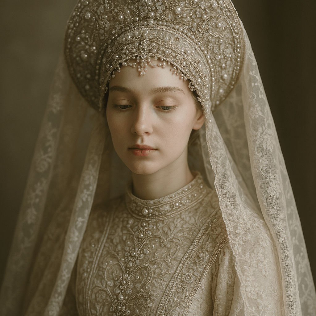 A single young woman with ethereal Slavic features, pale porcelain skin, soft natural makeup, and calm introspective expression. She is wearing an ornate traditional-inspired bridal headdress richly decorated with pearls, crystals, and fine metallic embroidery. A delicate lace veil drapes over her head and shoulders. The outfit is luxurious, historical, and couture-like, inspired by Eastern European and medieval royal aesthetics.
Cinematic fine art portrait, soft diffused natural light, shallow depth of field, muted earthy and ivory color palette. Ultra-detailed textures of lace, jewelry, and fabric. Painterly realism, high fashion editorial style, renaissance-inspired composition.
Shot on medium format camera, 85mm lens look, f/1.8, soft focus background, museum-quality photography, dramatic yet gentle mood, timeless elegance, no modern elements.