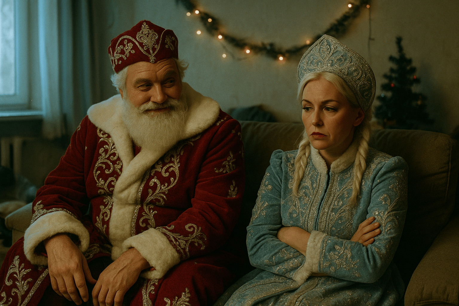 A 40-aged Russian couple in luxurious, intricately embroidered Ded Moroz and Snegurochka costumes sit on a plush couch in a slightly messy apartment after an argument. Ded Moroz has an artificial- white beard (high-quality faux fur or silicone), and he glances at Snegurochka with a mischievous smirk and a playful twinkle in his eye. She avoids eye contact, her face showing mixed emotions—resentment, sadness, but also lingering affection. Her makeup is elegant and slightly dramatic (red lips, winged eyeliner), emphasizing her beauty for her age, though her white pigtails is slightly disheveled from the day's work.
The room is dimly lit by cold winter light from a large window, contrasting with warm light of garland hanging on the wall. Faded New Year's decorations (a half-fallen garland with lights, a tilted plastic tree) hint at both their profession and the strained holiday spirit. Cinematic shallow depth of field, muted color palette with rich textures (velvet, fur, glitter), 35mm film grain. The composition balances intimacy and tension, inspired by the melancholic humor of 'Little Miss Sunshine' and the raw relationship dynamics of 'Marriage Story'. Hyper-realistic, avoid cartoonish or fantasy elements. A 40-aged Russian couple in luxurious, intricately embroidered Ded Moroz and Snegurochka costumes sit on a plush couch in a slightly messy apartment after an argument. Ded Moroz has an artificial- white beard (high-quality faux fur or silicone), and he glances at Snegurochka with a mischievous smirk and a playful twinkle in his eye. She avoids eye contact, her face showing mixed emotions—resentment, sadness, but also lingering affection. Her makeup is elegant and slightly dramatic (red lips, winged eyeliner), emphasizing her beauty for her age, though her white pigtails is slightly disheveled from the day's work.
The room is dimly lit by cold winter light from a large window, contrasting with warm light of garland hanging on the wall. Faded New Year's decorations (a half-fallen garland with lights, a tilted plastic tree) hint at both their profession and the strained holiday spirit. Cinematic shallow depth of field, muted color palette with rich textures (velvet, fur, glitter), 35mm film grain. The composition balances intimacy and tension, inspired by the melancholic humor of 'Little Miss Sunshine' and the raw relationship dynamics of 'Marriage Story'. Hyper-realistic, avoid cartoonish or fantasy elements.