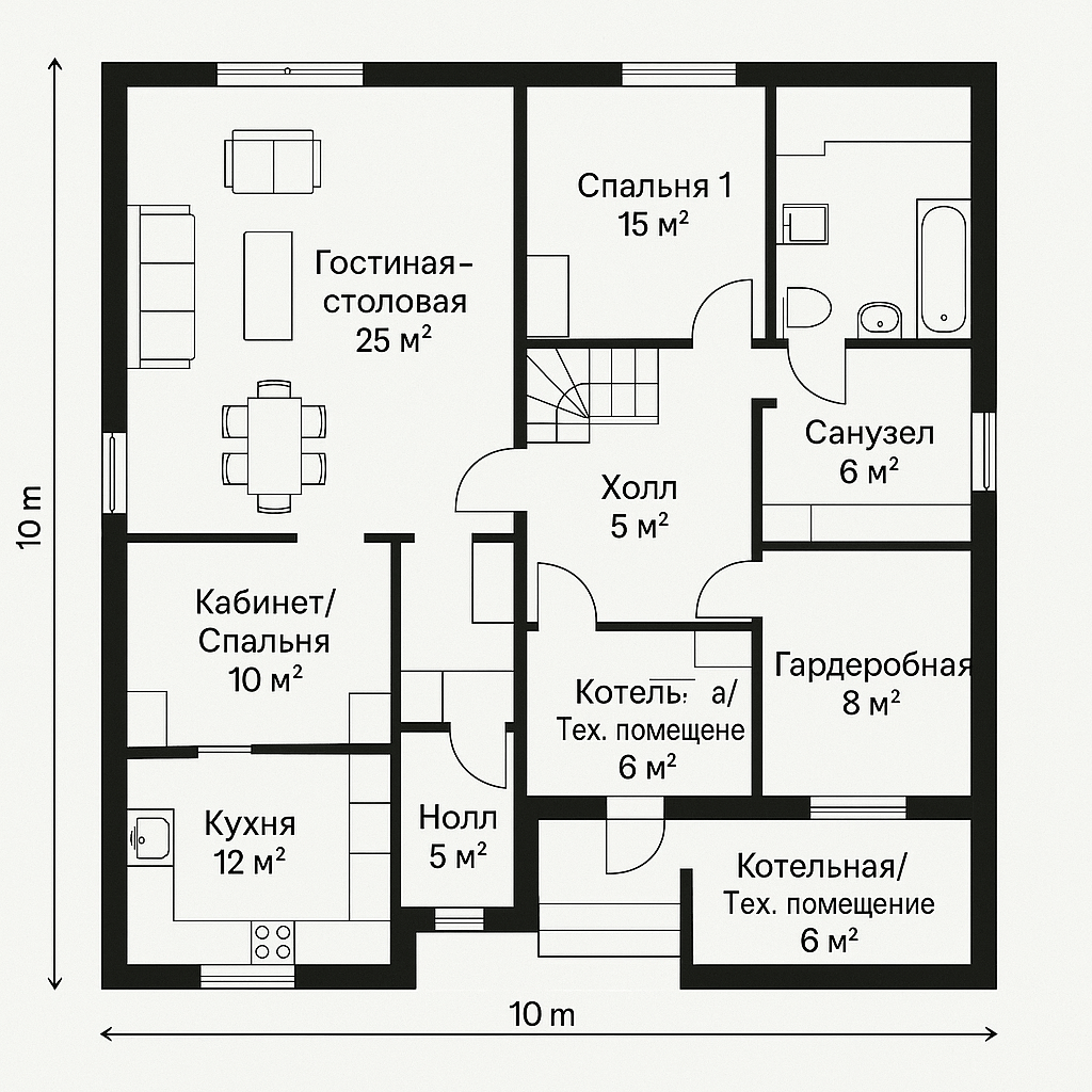 Чертёж 
Размеры:10м x 8м
Общая площадь:~120 м²
Этажность:1 этаж + мансарда :
  · Холл (5 м²): Входная зона.
  · Гостиная-столовая (25 м²): Совмещенное светлое пространство с большими окнами.
  · Кухня (12 м²): Отдельное помещение, примыкающее к столовой.
  · Кабинет/Спальня (10 м²):
  · Санузел (5 м²): Душевая кабина, унитаз, раковина.
  · Котельная/Тех. помещение (6 м²): Размещение котла, бойлера, систем вентиляции.
· Мансардный этаж:
  · Спальня 1 (15 м²): Родительская спальня.
  · Спальня 2 (12 м²):
  · Детская/игровая (18 м²):
  · Санузел (6 м²): Ванна, унитаз, раковина.
  · Гардеробная (8м²) Чертёж 
Размеры:10м x 8м
Общая площадь:~120 м²
Этажность:1 этаж + мансарда :
  · Холл (5 м²): Входная зона.
  · Гостиная-столовая (25 м²): Совмещенное светлое пространство с большими окнами.
  · Кухня (12 м²): Отдельное помещение, примыкающее к столовой.
  · Кабинет/Спальня (10 м²):
  · Санузел (5 м²): Душевая кабина, унитаз, раковина.
  · Котельная/Тех. помещение (6 м²): Размещение котла, бойлера, систем вентиляции.
· Мансардный этаж:
  · Спальня 1 (15 м²): Родительская спальня.
  · Спальня 2 (12 м²):
  · Детская/игровая (18 м²):
  · Санузел (6 м²): Ванна, унитаз, раковина.
  · Гардеробная (8м²)