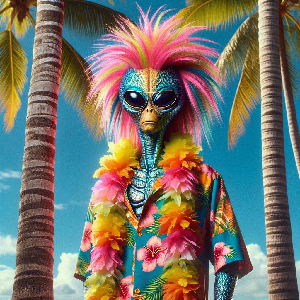 An alien in a Hawaiian shirt between palm trees