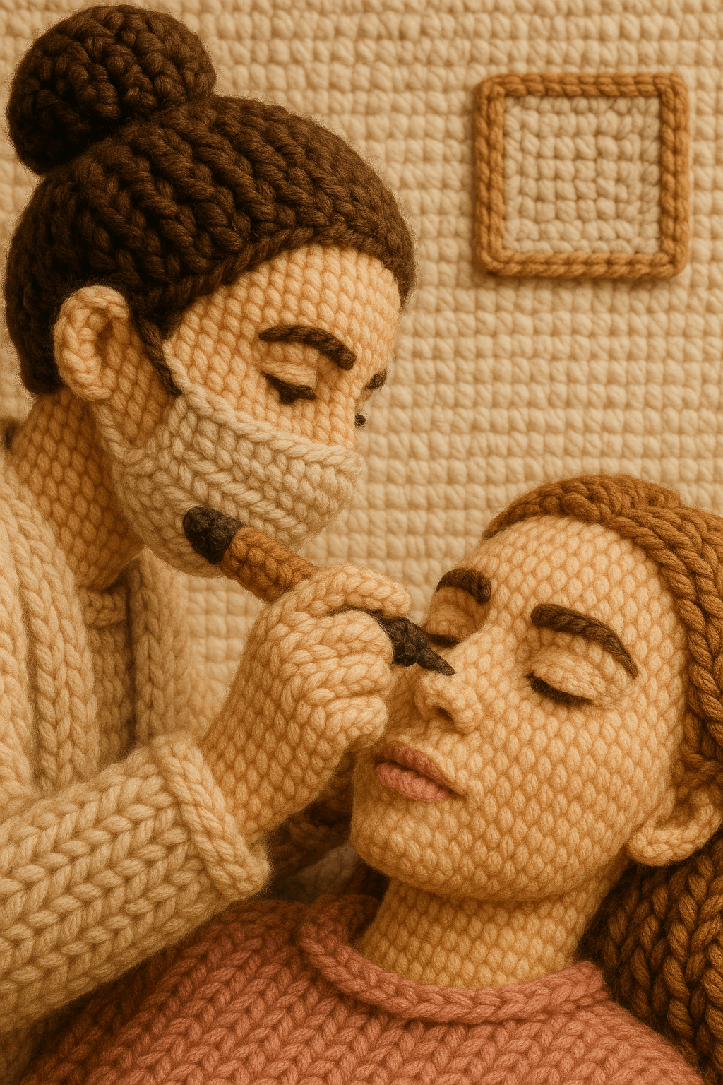 Перманентный макияж бровей, мастер делает брови. Фотореалистичное изображение в вязаном стиле: сцена полностью выполнена из пряжи. Персонажи, фон, одежда и предметы выглядят так, будто связаны вручную крючком или спицами. Толстые шерстяные нити, объёмные петли, мягкая текстура, крупные планы волокон пряжи. Детализированная вязка, аккуратные стежки, ощущение ручной работы. Тёплые пастельные тона, мягкое рассеянное освещение, реалистичная текстура, высокая детализация и аккуратные тени.