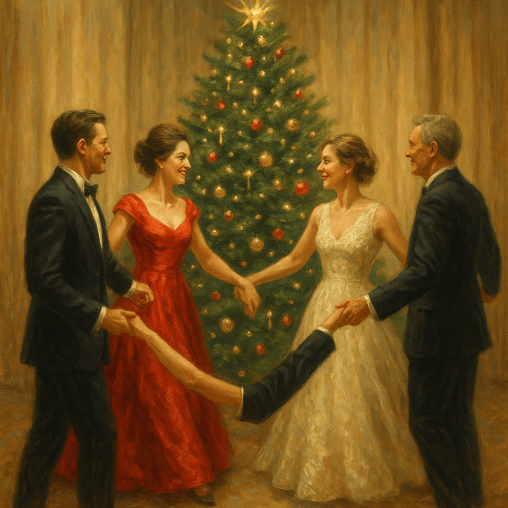 Изобрази новогоднюю елку и как взрослые люди и красивых нарядах возят хоровод