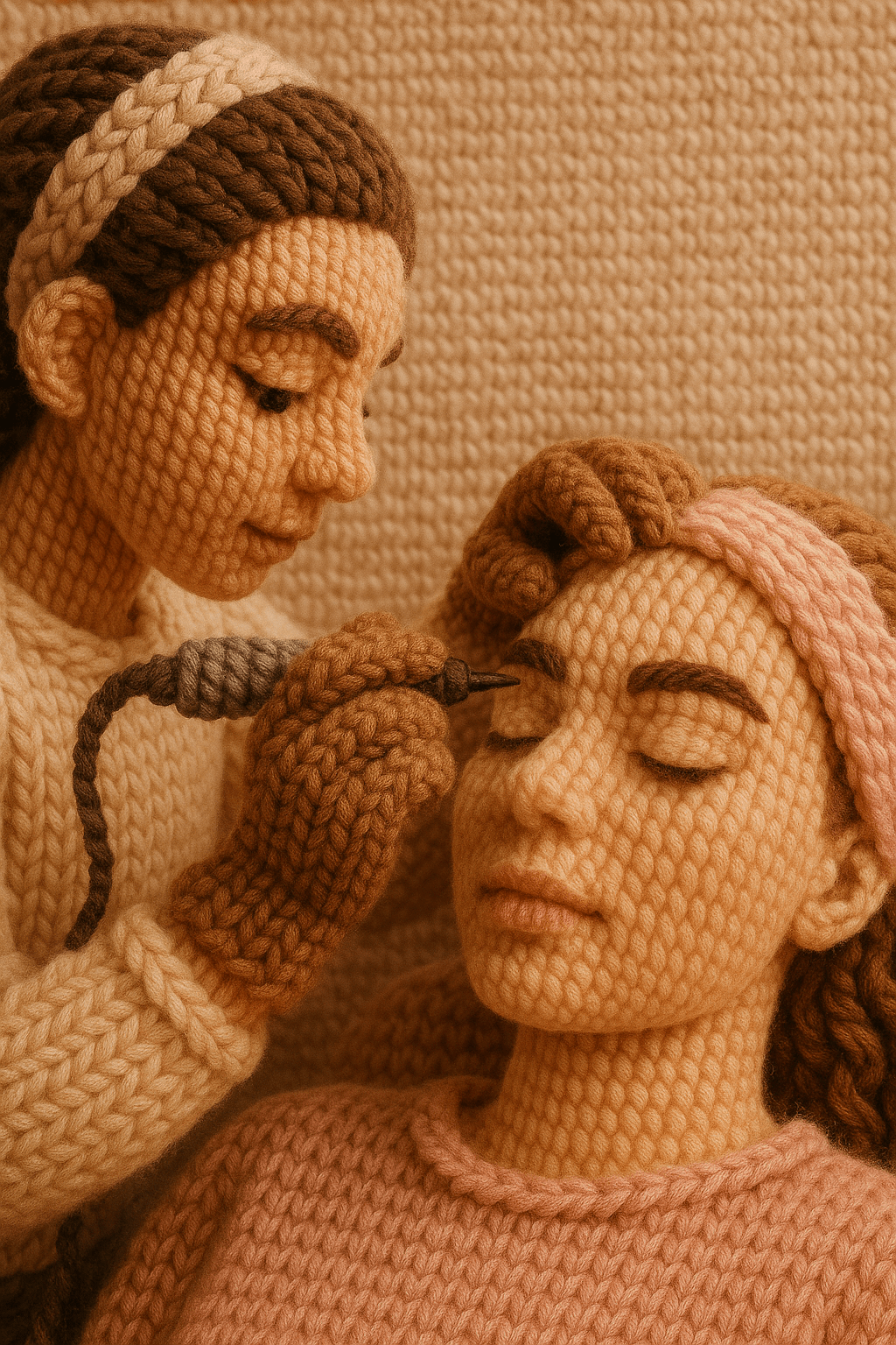 Перманентный макияж бровей, мастер делает брови. Фотореалистичное изображение в вязаном стиле: сцена полностью выполнена из пряжи. Персонажи, фон, одежда и предметы выглядят так, будто связаны вручную крючком или спицами. Толстые шерстяные нити, объёмные петли, мягкая текстура, крупные планы волокон пряжи. Детализированная вязка, аккуратные стежки, ощущение ручной работы. Тёплые пастельные тона, мягкое рассеянное освещение, реалистичная текстура, высокая детализация и аккуратные тени.