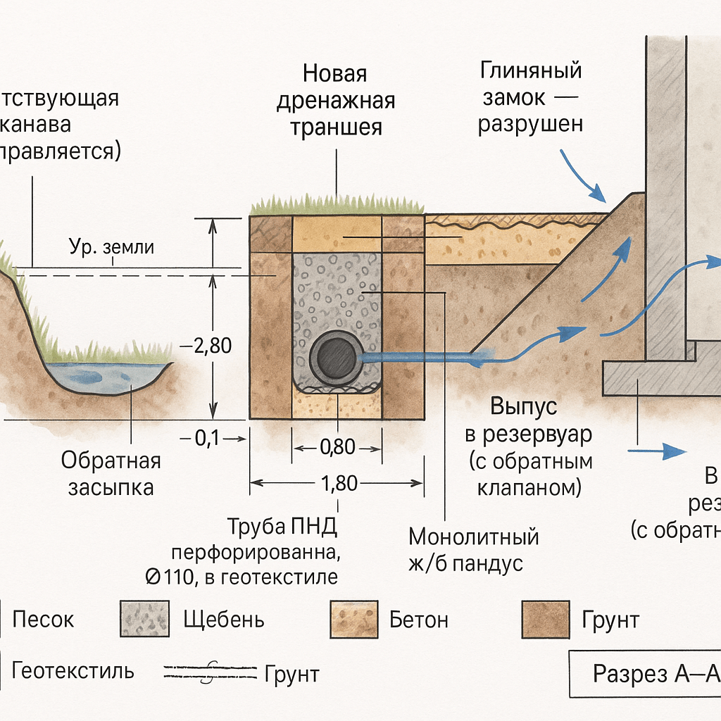 Стиль: Инженерный чертеж, поперечный геологический разрез, вид сбоку, выполненный в смешанной технике: контуры — чёткие линии в стиле AutoCAD, штриховка и текстуры — акварельные или карандашные, подписи — чёрным шрифтом, стрелки — синие. Белый фон, горизонтальная компоновка, формат альбомной ориентации. Композиция (слева направо): Слева — существующая открытая канава. Трапециевидное углубление шириной по верху ~2 м, глубиной ~1,5 м. Откосы покрыты редкой травой (зеленые штрихи). Дно канавы — коричневый грунт, местами лужи (синие пятна). Подпись: «Существующая канава (не справляется)» с выносной линией. Центр — новая дренажная траншея. Прямоугольное сечение шириной ~1 м, глубиной ~2,5 м. Внутри траншеи показаны слои (снизу вверх): Песчаная подушка (светло-жёлтый, текстура песка) толщиной 0,1 м. Щебёночная обсыпка (серый с текстурой мелких камней) толщиной 0,4 м. В центре щебня — дренажная труба (чёрная окружность диаметром ~0,15 м, обёрнутая волнистой линией — геотекстилем). Подпись: «Труба ПНД перфорированная, Ø110, в геотекстиле». Слой геотекстиля, оборачивающий щебень (тонкая чёрная волнистая линия вокруг щебня). Выше щебня — обратная засыпка (светло-коричневый грунт). Верхний слой — газон (короткая зелёная травка). По бокам траншеи — естественный грунт (тёмно-коричневый с мелкими вкраплениями). Справа — резервуар и примыкающие конструкции. Вертикальная бетонная стена резервуара (серый цвет, текстура бетона) толщиной ~0,5 м. В верхней части стены — разрушенный глиняный замок: прерывистый слой жёлто-коричневой глины с трещинами и провалами. Подпись: «Глиняный замок — разрушен». Справа к стене примыкает монолитный ж/б пандус (серый, наклонная поверхность). Между пандусом и грунтовым откосом — зазор (чёрная щель шириной ~2–5 см). Подпись: «Зазор, сколы бетона — путь воды». Справа от пандуса — насыпной откос (коричневый грунт, плавный спуск). Под всем этим — основание: бетонная плита фундамента резервуара (серая, горизонтальная, толщиной ~0,4 м). Подпись: «Подошва фундамента». Дополнительные элементы: Синие стрелки (потоки воды): Стрелка, идущая сверху в разрушенный глиняный замок. Стрелка вдоль стены резервуара вниз к зазору. Стрелка из зазора влево, в щебёночную обсыпку дренажной траншеи. Стрелка внутри щебня к трубе. Стрелка из трубы вправо (за пределы чертежа) с подписью: «Выпуск в резервуар (с обратным клапаном)». Размерные линии и отметки (тонкие чёрные линии с цифрами): Вертикальные размеры: глубина траншеи, толщина слоёв, отметка низа трубы, отметка подошвы фундамента. Горизонтальные расстояния: от канавы до траншеи, от траншеи до стены резервуара. Уровни: «Ур. земли», «Ур. дна канавы», «Ур. низа трубы», «Ур. подошвы фундамента» с числовыми значениями (например, -1.50, -2.80, -2.30). Уклоноуказатель: стрелка с надписью «i=0,005» (направление в сторону выпуска). Условные обозначения и штриховки (в углу или на свободном месте): Квадратик с текстурой песка — «Песок». Квадратик с камешками — «Щебень 20–40». Волнистая линия — «Геотекстиль». Кирпичная штриховка — «Бетон». Коричневый фон — «Грунт». Цветовая гамма: Грунт — от светло- до тёмно-коричневого. Бетон — серый. Щебень — серый с белыми вкраплениями. Песок — жёлто-серый. Геотекстиль — чёрный пунктир/волнистая линия. Вода — синие стрелки и пятна. Трава — зелёная. Подписи и размеры — чёрные. Освещение: Мягкое равномерное, без теней, чтобы все детали были чёткими. Можно добавить лёгкую объёмность за счёт тонких линий контура. Разрешение и качество: Высокое, детализированное, векторный стиль (имитация). Не использовать фотографический реализм — нужен именно чертёжный стиль. Подписи должны быть на русском языке, чёткие, разборчивые. Все элементы должны быть подписаны и соединены выносными линиями. Можно добавить штамп в правом нижнем углу: «Разрез А–А. М 1:20». Этот промпт даст детальное описание для генерации изображения, близкого к инженерной схеме. Если нужно подкорректировать детали (например, убрать штамп или добавить больше стрелок), уточните.