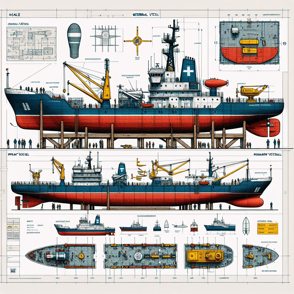 Макет-чертёж для музейной установки:
- Масштаб: 1:100
- Размеры модели: длина 1000 мм, ширина 220 мм
- Основные материалы:
- корпус – стеклопластик
- надстройка – металл
- палуба – пластик
- мелкие детали (краны, антенны, шлюпки) – пластик
- подставка – дуб
- Цветовое исполнение:
- корпус – тёмно-синий с красной подводной частью
- надстройка – белая с синими и красными элементами
- оборудование на палубе (краны) – жёлтого цвета
- обозначения «RESCUE ZONE» и надписи «Всеволод Бобров» — жёлтые и белые соответственно

Рекомендации по макету:
Создать масштабный чертёж общего вида с профилем судна, верхним видом палубы и разрезом корпуса. Отдельно показать конструкцию подставки и креплений модели.