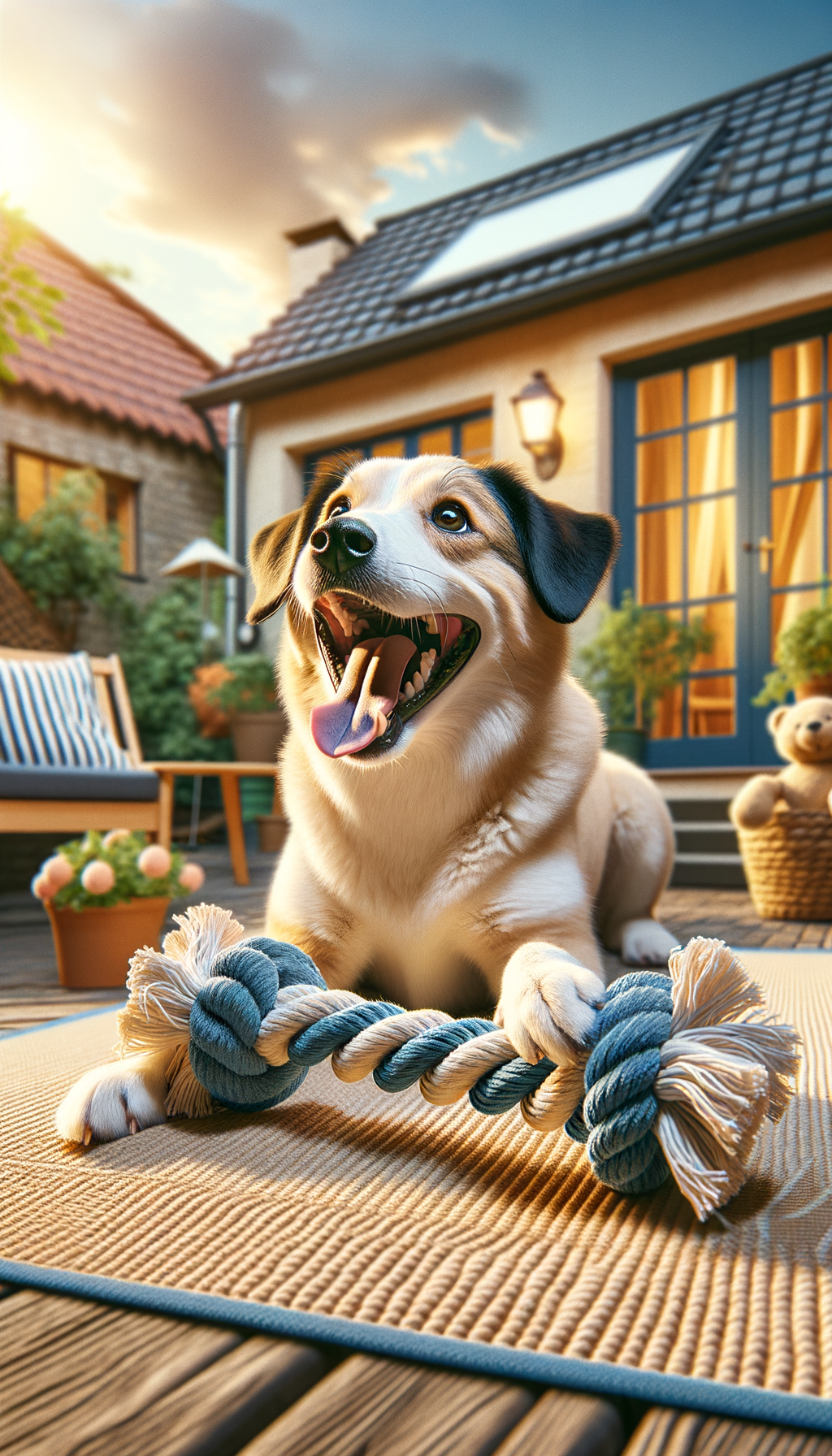 Создать фотореалистичное изображение канатной игрушки для собак, где в кадре присутствует собака, играющая с канатиком на фоне уютного двора, подчеркивающее радость и активность животного.