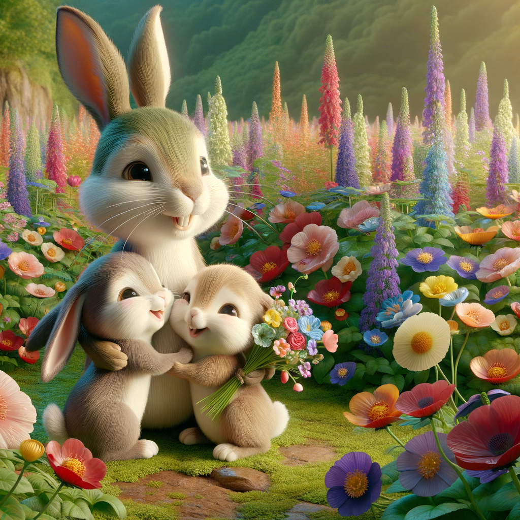 two little bunnies hug the mother hare and smile and give flowers, in the background there is a flower meadow