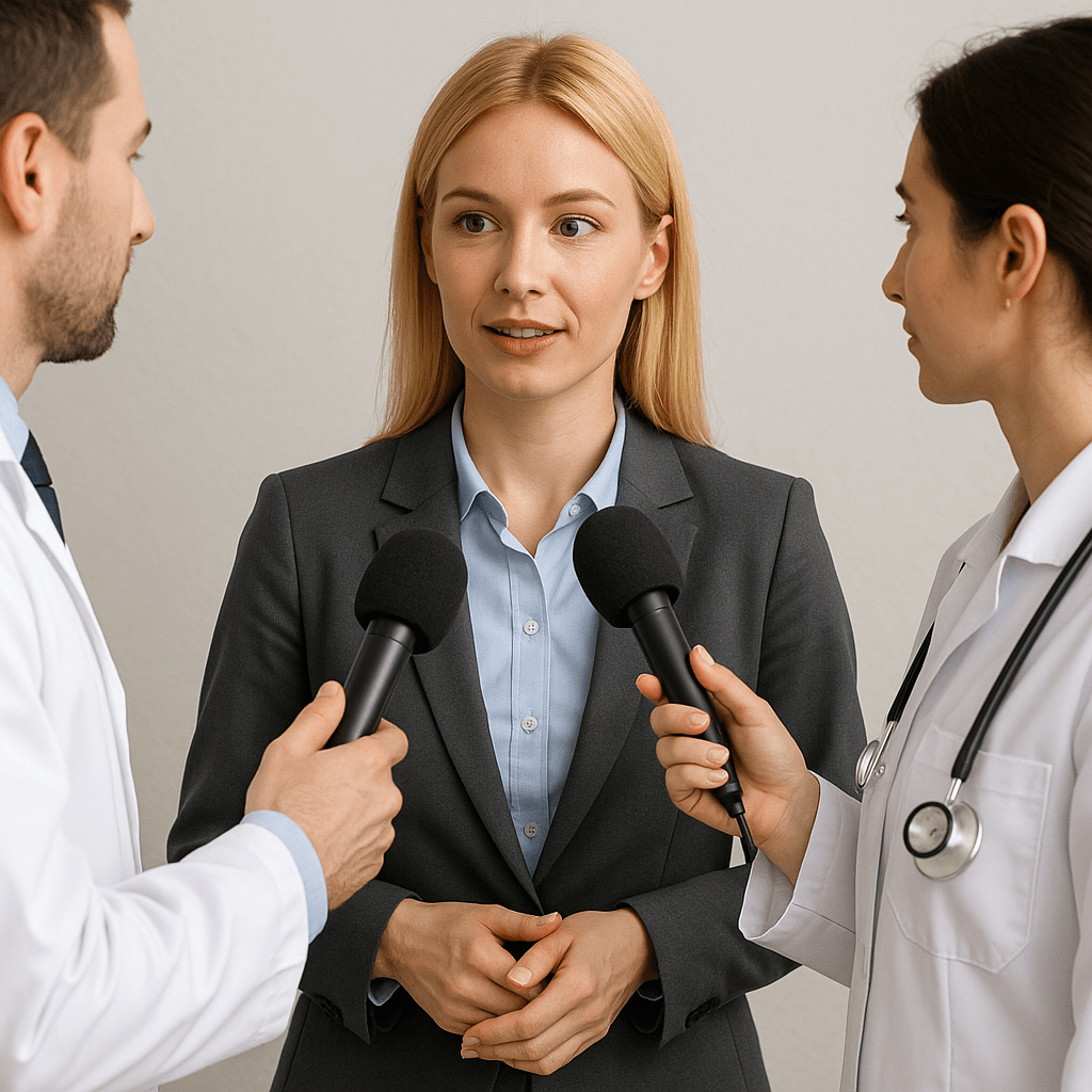 Нарисуй женщину менеджера, блондинку, у которой берут интервью в микрофон медицинские представители Нарисуй женщину менеджера, блондинку, у которой берут интервью в микрофон медицинские представители