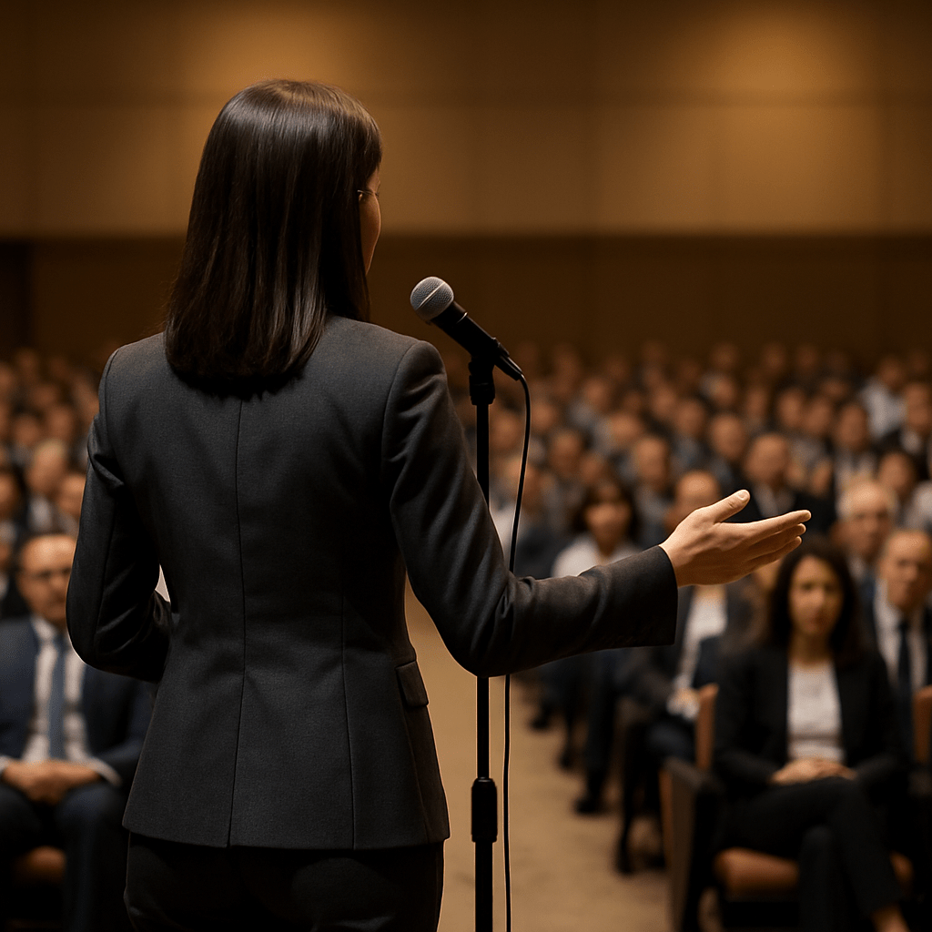 Нарисуй девушку на сцене в деловом костюме которая стоит у микрофона и рассказывает для большой аудитории. Девушка стоит лицом к залу и фото сделано из- за спины, то есть виден  зал слушателей
