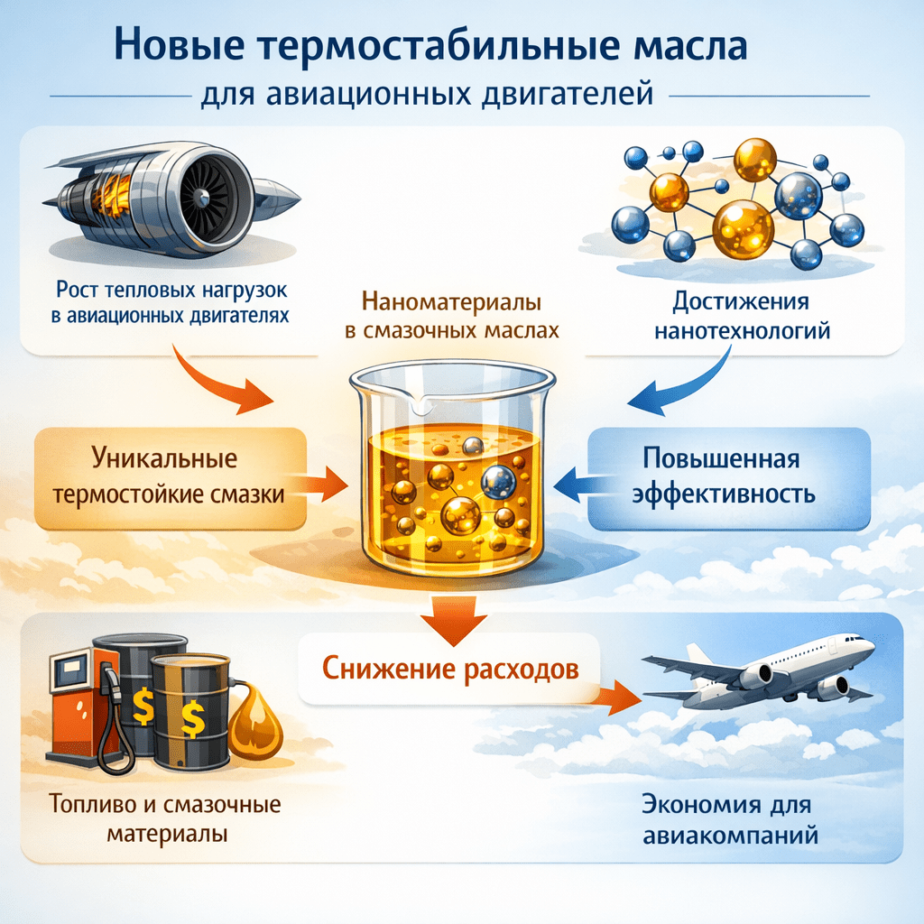 Modern aircraft engines are becoming more heat-stressed, which requires the development of more thermostable oils. Advances in nanotechnology are opening up new possibilities for creating lubricants with unique properties. Additionally, fuel and lubricants are one of the largest operating expenses for airlines. Therefore, any reduction in consumption or improvement in efficiency can lead to significant cost savings. нарисуй схему без орфографических ошибок