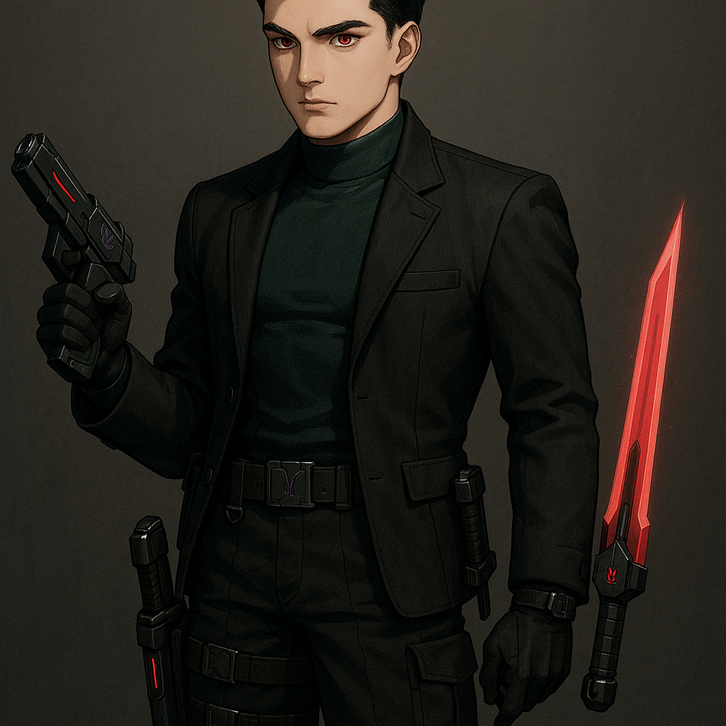 Трансформеры 2001 года. Скурдж - молодой заместитель Глаьватрона в части десептиконов, 21 год. Волосы: Чёрные как вороново крыло, уложенные в стильную британку – короткие по бокам и затылку, более длинные и аккуратно уложенные наверху, с чётким боковым пробором. Прическа создаёт образ классической мужской элегантности с современным твистом. • Глаза: Насыщенного рубинового цвета, яркие и выразительные. Взгляд проницательный, часто серьёзный, способный как устрашить противника, так и выразить непоколебимую верность своим соратникам. • Лицо: Чёткие, мужественные черты с выраженными скулами и сильной линией подбородка. Несмотря на молодой возраст, лицо выражает зрелость и серьёзность, с редкими, но искренними улыбками. • Особенности: Нет явных шрамов или отличительных меток, что свидетельствует о его превосходных боевых навыках – он умеет избегать ранений, оставаясь эффективным в бою. • Выражение лица: Обычно сосредоточенное и невозмутимое, с характерной военной сдержанностью. Высокий (около 175-178 см), с атлетическим, крепким телосложением, но без излишней массивности. • Широкие плечи и хорошо развитая мускулатура говорят о силе и боевой подготовке. • Движения чёткие, экономные, с военной точностью и грацией опытного бойца. • Верхняя одежда: Элегантный жакет темного оттенка (чёрный или тёмно-серый) с минималистичным дизайном и сдержанными деталями, подчёркивающими военный стиль. • Под жакетом: Тёмно-изумрудная водолазка из прочного материала, плотно облегающая торс, с высоким воротом, полностью закрывающим шею. • Брюки: Тёмные штаны карго свободного кроя с множеством функциональных карманов и усиленными вставками на коленях. • Обувь: Высокие кожаные сапоги чёрного цвета, сочетающие элегантный дизайн с практичностью и прочностью военной обуви. Вероятно, со скрытыми усилениями в подошве и носке. • Пояс: Широкий тактический пояс с различными креплениями и двумя кобурами по бокам для плазменных пистолетов. • Основное: Пара идентичных плазменных пистолетов в кобурах на поясе. Оружие имеет сдержанный, но футуристический дизайн с элементами десептиконской символики и рубиновыми акцентами. • Дополнительное: Компактная рукоять, закреплённая на поясе или в специальном креплении на бедре. При активации из неё выдвигается впечатляющее кибернетическое лезвие рубинового цвета, создающее как режущее, так и энергетическое воздействие. • Возможно дополнительное скрытое оружие в сапогах или рукавах. • Минималистичные тактические часы на левом запястье.
