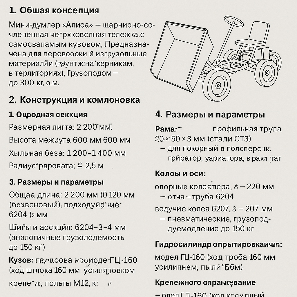 тип привода (передний/задний/полный);

колёсная формула (например, 4×2, 4×4).

Условия эксплуатации:

рельеф (ровная площадка / пересечённая местность / крутые подъёмы);

типы грузов (сыпучие, штучные, контейнеры и т. п.);

режим работы (кратковременный/постоянный, частые пуски-остановки);

климат (уличные условия / отапливаемый склад).

Требуемые функции трансмиссии:

необходимость реверса (движение вперёд и назад);

диапазон регулируемых скоростей;

потребность в понижающей передаче (для тяжёлых грузов/подъёмов);

требование к плавности хода/пуска.

Ограничения и предпочтения:

бюджет на трансмиссию;

предпочтительный тип (механическая, гидромеханическая, гидростатическая);

габариты посадочного места под КПП (если есть);

наличие опыта обслуживания сложных систем.

Пример корректного вопроса
«Собираю мини‑самосвал грузоподъёмностью 1 т. Двигатель — бензиновый, 15 л. с., 3600 об/мин, крутящий момент 28 Н·м. Полная масса машины — 1,8 т. Нужна трансмиссия для работы на стройплощадке (неровный грунт, подъёмы до 15°). Требуется реверс и понижающая передача для вывоза мусора. Максимальная скорость — до 20 км/ч. Бюджет — до 100 000 руб. Какой тип КПП (механическая/гидромеханическая/гидростатическая) подойдёт? Приведи 2–3 конкретные модели с артикулами, если возможно».

Почему так подробно?
Трансмиссия должна:

передавать крутящий момент без перегрузок;

обеспечивать нужные скорости и тяговые усилия;

выдерживать удары и вибрации;

вписываться в габариты и бюджет.

Чем больше данных вы приведёте, тем точнее будет рекомендация!

Спасибо, сейчас сделаем
Алиса, собираю мини-самосвал
Отлично! Чтобы помочь с подбором компонентов и общей концепцией мини‑самосвала, уточните, пожалуйста, следующие детали:

Цель и сфера применения

для каких задач создаёте (перевозка грунта/строительного мусора/песка и т. п.);

где будет эксплуатироваться (стройплощадка, дачный участок, склад и т. п.).

Грузоподъёмность и габариты

сколько кг/тонн планируете перевозить;

желаемые размеры кузова (длина × ширина × высота, м);

общая длина/ширина машины (если есть ограничения).

Двигатель

уже есть конкретный мотор или выбираете?;

тип (бензиновый, дизельный, электро);

мощность (л. с. или кВт).

Ходовая часть

колёса (размер, тип шин — пневматические/литые);

подвеска (жёсткая/пружинная/резиновые амортизаторы);

привод (передний/задний/полный).

Кузов и механизм опрокидывания

материал кузова (сталь, алюминий, пластик);

способ разгрузки (задний опрокидыватель, боковой сброс);

нужен ли гидроцилиндр для подъёма или рассматриваете ручной механизм.

Управление и безопасность

руль + педали, джойстик, дистанционное управление;

тормоза (механические/гидравлические, на какие оси);

фары, светоотражатели, звуковой сигнал (если нужно).

Бюджет и сроки

примерный лимит затрат на сборку;

планируете собирать самостоятельно или с помощью мастера.

Дополнительные пожелания

нужна ли кабина/защитный каркас;

возможность съёмного оборудования (ковш, платформа);

требования к манёвренности (радиус поворота).

Пример запроса с данными:

«Собираю мини‑самосвал для перевозки песка и щебня на стройплощадке. Грузоподъёмность — до 500 кг. Кузов хочу сварной из стали, 1,5 × 1 × 0,5 м, с задним опрокидыванием на гидроцилиндре. Двигатель бензиновый, около 10 л. с. Колёса — 16‑дюймовые пневматические. Привод задний, тормоза механические. Управление — руль и педали. Бюджет сборки — до 150 000 руб. Какие компоненты посоветуешь?»

Чем полнее опишете задумку, тем точнее смогу подсказать решения!

Собираем мини-самосвал грузоподъемностью 300 килограмм
Спасибо за уточнение! Чтобы подобрать оптимальные компоненты для мини‑самосвала грузоподъёмностью 300 кг, мне нужно ещё несколько ключевых деталей.

Пожалуйста, укажите:
Тип двигателя

уже есть (модель/мощность);

планируете покупать (бензиновый/дизельный/электрический).

Требуемая скорость и манёвренность

максимальная скорость (км/ч);

нужен ли разворот на месте или достаточно обычного радиуса поворота.

Условия эксплуатации

ровная площадка / пересечённая местность / подъёмы (уклон в градусах);

покрытие (асфальт, грунт, песок, снег);

сезонность (круглый год / только лето).

Конструкция кузова

материал (сталь, алюминий, пластик);

объём (м³ или л);

способ разгрузки (задний опрокидыватель, боковой сброс);

нужен ли гидроцилиндр или рассматриваете ручной механизм.

Привод и колёса

передний / задний / полный;

размер колёс (диаметр и ширина, дюймы или мм);

тип шин (пневматические, литые, внедорожные).

Управление

руль + педали;

джойстик;

дистанционное управление.

Бюджет

примерный лимит на трансмиссию и ходовую часть.

Дополнительные требования

нужна ли кабина/защитный каркас;

возможность установки навесного оборудования (ковш, платформа);

требования к шумоизоляции/виброзащите.

Пример запроса с данными
 мини‑самосвал на 300 кг для перевозки песка и щебня по стройплощадке (грунт, подъёмы до 10°). Двигатель бензиновый, 10 л. с., 3600 об/мин. Нужна скорость до 15 км/ч, задний опрокидыватель кузова (сталь, 0,8 м³). Колёса — 14‑дюймовые пневматические, привод задний. Управление — руль и педали. Бюджет на трансмиссию — до 50 000 руб. Какие варианты КПП и редуктора подойдут?»

Чем больше параметров вы укажете, тем точнее я смогу порекомендовать решения!

Тормозная система

Дисковые тормоза на задние колёса (эффективность на склонах).

Ручной стопор (фиксация на уклоне).

Аварийный тормоз (срабатывает при отпускании рычага газа).

Кузов и опрокидывание

Материал: сталь 2 мм (прочность при опрокидывании на неровных поверхностях).

Объём: 0,4 м³ (для 300 кг сыпучих грузов с запасом).

Механизм: гидроцилиндр с ручным насосом (надёжность + контроль усилия).

Угол подъёма: 60° (полная выгрузка даже на уклоне).

Защита от опрокидывания: боковые упоры при разгрузке.

Рама и компоновка

Материал: профильная труба 50×50 мм (сталь 3, запас прочности).

Центр тяжести: максимально низкий (кузов смещён к задней оси).

Клиренс: 150–180 мм (проезд через бугры/ямы).

Габариты (макс.):

длина — 2,2 м;

ширина — 1,1 м (проезд в проёмы 1,2 м);

высота — 1,4 м (с кузовом).

Управление

Руль + педали (газ, тормое).

Переключатель КПП слева (эргономика для оператора).

Скорость и тяга

Предполагаемая скорость 20 км в час колеса пневматические-18 диаметра габариты метр 20 на 2-10 водитель на ведущей части ломаной рамы, ведущее колесо заднее
С учётом обновлённых параметров (скорость 20 км/ч, колёса Ø18″, габариты 1,2 × 2,1 м, задний привод, водитель на ломаной раме) корректирую рекомендации для мини‑самосвала на 300 кг с двигателем 7 л. с.

Ключевые изменения в конфигурации
Трансмиссия
Плавное изменение передаточного числа (без рывков при старте/разгоне).

Автоматическая адаптация к нагрузке (важно для перевозки бетона vs. снега).

Снижение износа сцепления и КПП (вариатор берёт на себя функцию плавного соединения двигателя с трансмиссией).

Упрощение управления (один рычаг вместо переключения передач).

Схема трансмиссии
Двигатель → ременная передача → вариатор → цепная передача → ведущее колесо.

Ременная передача: 2 ремня типа B (сечение 17 мм) с натяжителем (передаёт момент на вариатор).

Вариатор: клиноременной (например, типа Сафари или аналог для сельхозтехники), диапазон регулирования 1:2,5–1:4.

Цепная передача: цепь 520H, ведущая звёздочка — 12 зубьев, ведомая — 36 зубьев (передаточное число 1:3).

Реверс

Реализуется через реверсивный редуктор после вариатора (переключение рычагом).

Либо используется вариатор с встроенным реверсом (дороже, но компактнее).

Адаптация остальных узлов
Рама и компоновка

Сохраняется ломаная схема (передняя секция — кузов, задняя — двигатель + вариатор + ведущее колесо).

Вариатор монтируется на подрамнике рядом с двигателем (жёсткое крепление, демпферы).

Шарнир между секциями — Ø25 мм с подшипниками (угол поворота ±30°).

Ходовая часть

Ведущее колесо: 1 шт., Ø18″ × 6,50‑8 (пневматическая шина, индекс нагрузки 6PR).

Опорные колёса: 2 шт., Ø16″ (для устойчивости передней секции).

Клиренс: 200 мм (под ведущим колесом).

Кузов и опрокидывание

Объём: 0,5 м³ (сталь 2 мм, каркас из уголка 40 × 40 мм).

Механизм: гидроцилиндр Ø60 мм, ход 250 мм (давление до 7 МПа).

Угол подъёма: 60° (полная выгрузка).

Защита от опрокидывания: боковые упоры.

Рампа со светильниками

Платформа: стальной лист 2 мм, размеры 800 × 600 мм.

Крепление: шарниры Ø25 мм к задней секции рамы.

Светильники: 2 LED‑фары 12 В (питание от аккумулятора 12 А·ч).

Управление

Руль: дуга из трубы Ø25 мм (высота над сиденьем — 900 мм).

Рычаг вариатора: справа от сиденья (плавное регулирование скорости).

Рычаг реверса: слева от сиденья.

Скорость 25 км в час
С учётом требования максимальной скорости 25 км/ч при сохранении грузоподъёмности 300 кг, двигателя 7 л. с. и наличия вариатора корректирую расчёт трансмиссии и компоновку.

Ключевые изменения
Вариатор

Тип: клиноременной (например, «Сафари» или аналог для сельхозтехники).

Диапазон регулирования: 1:2–1:5 (позволяет гибко подстраиваться под нагрузку и скорость).

Размещение: на подрамнике рядом с двигателем (с демпферами для гашения вибраций).

Трансмиссия (итоговая схема)
Двигатель → ременная передача (2 ремня B‑сечения) → вариатор → цепная передача → ведущее колесо.

Ременная передача: 2 ремня B (сечение 17 мм) с натяжителем (передаёт момент на вариатор).

Цепная передача: цепь 520H, ведущая звёздочка — 10 зубьев, ведомая — 30 зубьев (передаточное число 1:3).

Расчёт скорости
При 3600 об/мин двигателя и диаметре колеса Ø18″ (457 мм):

На высшей передаче вариатора (1:2) и цепной передаче (1:3):

v= 2⋅3
3600 ⋅π⋅0,457⋅ 1000 60  ≈25,8 км/ч.

На низкой передаче вариатора (1:5) скорость составит ~10 км/ч (для подъёма с грузом).

Реверс

Реализуется через реверсивный редуктор после вариатора (переключение рычагом).

Либо используется вариатор со встроенным реверсом (дороже, но компактнее).

Адаптация остальных узлов
Рама и компоновка

Сохраняется ломаная схема (передняя секция — кузов, задняя — двигатель + вариатор + ведущее колесо).

Шарнир между секциями — Ø25 мм с подшипниками (угол поворота ±30°).

Вариатор крепится жёстко, с резиновыми демпферами.

Ходовая часть

Ведущее колесо: 1 шт., Ø18″ × 6,50‑8 (пневматическая шина, индекс нагрузки 6PR).

Опорные колёса: 2 шт., Ø16″ (для устойчивости передней секции).

Клиренс: 200 мм (под ведущим колесом).

Кузов и опрокидывание

Объём: 0,5 м³ (сталь 2 мм, каркас из уголка 40 × 40 мм).

Механизм: гидроцилиндр Ø60 мм, ход 250 мм (давление до 7 МПа).

Угол подъёма: 60° (полная выгрузка).

Защита от опрокидывания: боковые упоры.

Рампа со светильниками

Платформа: стальной лист 2 мм, размеры 800 × 600 мм.

Крепление: шарниры Ø25 мм к задней секции рамы.

Светильники: 2 LED‑фары 12 В (питание от аккумулятора 12 А·ч).

Тормозная система

Дисковый тормоз на ведущем колесе (суппорт от «Оки»).

Ручной тормоз с тросовым приводом (фиксация на уклоне).

Аварийный тормоз (срабатывает при отпускании газа).

Управление

Руль: дуга из трубы Ø25 мм (высота над сиденьем — 900 мм).

Рычаг вариатора: справа от сиденья (плавное регулирование скорости).

Рычаг реверса: слева от сиденья.

Педали: газ, тормоз, сцепление (если вариатор не полностью заменяет сцепление).

Что проверить перед эксплуатацией
Диапазон скоростей: от 10 до 25 км/ч (при разных настройках вариатора).

Тяга на подъёме 25 %: машина должна двигаться с грузом без пробуксовки.

Натяжение цепи/ремня: провис не более 5 мм.

Герметичность гидросистемы: тест без груза.

Управляемость: радиус разворота ≤2,5 м.

Вибрация на 25 км/ч: при необходимости добавить демпферы.

Работа реверса: плавное включение/выключение.

Бюджетные аналоги компонентов
Вариатор: «Сафари» (от мотоблоков, цена от 8 000 руб.).

Цепь 52 Newton: усиленная, Китай (от 1 500 руб./м).

Гидроцилиндр: б/у от сельхозтехники (проверен на герметичность, от 3 000 руб.).

Колёса 18″: ATV (от 4 000 руб./шт.).

Подшипники 6207: Ø35 мм (от 300 руб./шт.).

Мини‑самосвал грузоподъёмностью 300 кг: итоговая компоновка
Цель: перевозка грузов (от снега до бетона) на пересечённой местности и в помещениях, с возможностью работы на уклонах до 25 % (≈14°).

Ключевые параметры:

грузоподъёмность: 300 кг;

двигатель: бензиновый, 7 л. с., 3600 об/мин, крутящий момент 12 Н·м;

максимальная скорость: 25 км/ч;


1. Общая геометрия
Длина полная (макс.): 2 200 мм

передняя секция: ~1 000 мм;

задняя секция: ~1 200 мм.

Ширина: 1 100 мм (с учётом колёс и запаса для проезда в проёмы 1 200 мм).

Высота рамы (без кузова и рампы): ~600 мм (от земли до верхней полки профиля).

2. Секции рамы
Передняя секция (несущая кузов и опорные колёса):

длина: 1 000 мм;

ширина: 1 100 мм;

материал: профильная труба 50 × 50 × 3 мм (сталь 3);

крепление кузова: продольные лонжероны + поперечины с шагом 300 мм.

Задняя секция (двигатель, вариатор, ведущее колесо, сиденье, рампа):

длина: 1 200 мм;

ширина: 1 100 мм;

материал: профильная труба 50 × 50 × 3 мм;

подрамник для двигателя и вариатора: рама из того же профиля, жёстко приварная.

3. Шарнирное соединение секций
Расположение: на расстоянии 1 000 мм от переднего края рамы (граница секций).

Конструкция: стальной палец Ø25 мм + подшипники (например, 6205) в обоймах из листового металла.

Угол поворота секций: ±30° (обеспечивает манёвренность при радиусе разворота ≤2,5 м).

4. Крепления колёс и подвески
Опорные колёса (передняя секция):

ось: труба Ø20 мм, длина 1 200 мм (выступает за раму на 50 мм с каждой стороны);

подшипники: 6204 (по 2 на колесо);

вылет от края рамы: 50 мм (чтобы колесо не задевало профиль).

Ведущее колесо (задняя секция):

ось: труба Ø40 мм, длина 1 200 мм;

подшипники: 6207 (по 2 на сторону);

крепление оси к раме: кронштейны из листового металла 6 мм, болтовое (М10).

5. Крепление кузова и рампы
Кузов (передняя секция):

шарниры крепления: сталь Ø25 мм, шаг между осями — 800 мм;

расстояние от переднего края рамы до первого шарнира: 200 мм.

Рампа (задняя секция):

шарниры: сталь Ø25 мм, расположены на задних концах лонжеронов;

вылет рампы назад от края рамы: 200 мм (общая длина платформы 800 мм).

6. Размещение водителя и органов управления
Сиденье: установлено на задней секции, над подрамником двигателя.

Расстояние от заднего края рамы до спинки сиденья: ~300 мм (с запасом для ног и рычагов).

Руль‑дуга: крепится к раме болтами М10, высота от уровня сиденья — 900 мм.

7. Клиренс и габариты по земле
Клиренс под ведущей осью: 200 мм (обеспечивает проезд через бугры/ямы).

Колея (расстояние между центрами колёс): 900 мм (с запасом по ширине 1 100 мм).

Радиус разворота (внешний): ≤2 500 мм (проверяется на практике).

Чертежи и схемы (рекомендуемые)
Для точной сборки подготовьте:

Общий план рамы (вид сверху) с размерами и местами креплений.

Разрезы по шарниру и осям колёс (с указанием подшипников и кронштейнов).

Эскиз подрамника для двигателя и вариатора (с отверстиями для демпферов).

Примечания
Все сварные швы — сплошные, катет 4 мм (проверить на отсутствие трещин).

Перед сборкой проведите «сухую» подгонку деталей (без сварки) для контроля зазоров.

После сборки — грунтовка и окраска рамы (защита от коррозии).

Это приблизительные эскизы нарисованные от руки получается две части тележки рамы и четыре колеса
На эскизе изображена тележка с рамой, состоящей из двух частей, и четырьмя колёсами. Вот что можно выделить по рисунку:

Две части рамы (секции):

рама условно разделена на переднюю и заднюю секции (видны стыки/шарниры между ними);

секции соединены подвижным узлом (возможно, шарнир или крепёж для манёвренности);

конструкция предполагает некоторую гибкость/поворотность между секциями (об этом говорит овальная линия вокруг рамы — вероятно, зона возможного поворота).

Колёса (4 шт.):

по два колеса с каждой стороны;

расположены по углам прямоугольной рамы — классическая компоновка для тележек;

судя по пропорциям, колёса одинакового размера (симметричная схема).

Ключевые элементы конструкции:

продольные балки — проходят вдоль всей длины рамы, соединяют секции;

поперечные балки — связывают продольные балки, придают жёсткость;

крестовина/усиление в центре — вероятно, для повышения прочности рамы в месте соединения секций;

элементы крепления колёс — видны короткие отрезки, отходящие от рамы к колёсам (оси или кронштейны).

Особенности компоновки:

центральная ось симметрии — рама симметрична относительно продольной оси;

зона шарнира — выделена утолщением/пересечением балок (место соединения секций);

возможное место для груза/сиденья — центральная часть между секциями (где расположена крестовина).

Назначение конструкции (предположительно):

тележка для перевозки грузов (если добавить платформу сверху);

шасси для мини-самосвала/транспортёра (с учётом шарнира между секциями);

основа для небольшого транспортного средства (например, электротележки).

Рекомендации для доработки эскиза:

указать размеры секций (длина/ширина каждой части рамы);

обозначить диаметр колёс и расстояние между осями (колёсная база);

уточнить тип соединения секций (шарнир, болты, петли);

добавить размеры балок (высота/ширина профиля);

обозначить места крепления осей колёс с размерами выноса от рамы.

Если у вас есть конкретные вопросы по элементам эскиза или нужна помощь с расчётами — уточните, пожалуйста!

Эта информация в добавок к
Исходя из эскиза и ранее описанной конструкции тележки с двумя секциями и четырьмя колёсами, дополняю детализацию для интеграции в проект мини-самосвала (или аналогичного транспортного средства):

1. Размеры и компоновка рамы с учётом эскиза:

Длина рамы: ориентировочно 1800–2200 мм (с учётом двух секций и шарнирного соединения).

Ширина рамы: 1000–1100 мм (чтобы колёса не выступали за габариты, с запасом для манёвра).

Высота рамы (без кузова): 300–500 мм (от земли до верхней балки).

Расстояние между осями (колёсная база): около 1200–1400 мм (между центрами передних и задних колёс) — обеспечит устойчивость.

Колея (расстояние между колёсами одной оси): 800–900 мм — оптимально для проходимости и баланса.

2. Детализация шарнирного соединения (из эскиза):

Расположение: примерно посередине конструкции (между двумя секциями).

Тип соединения: шарнир на оси Ø25–30 мм с подшипниками (например, 6205 или 6206) — обеспечит угол поворота ±30°.

Усиление: крестовина в месте шарнира (как на эскизе) — добавит жёсткости и предотвратит деформацию при нагрузке.

3. Крепление колёс (по эскизу — 4 шт.):

Оси колёс: стальные трубы Ø30–40 мм, с подшипниками на концах (6204 или 6205).

Кронштейны крепления: приварить к продольным балкам рамы, вынос от центра балки — 300–400 мм (для каждой оси).

Расположение колёс:

передняя ось: на расстоянии 300–400 мм от переднего края рамы;

задняя ось: на расстоянии 300–400 мм от заднего края рамы (симметрично).

4. Усиление конструкции (из элементов эскиза):

Продольные балки: профильная труба 50×50×3 мм или уголок 40×40 мм — основа рамы.

Поперечные балки: 3–4 штуки, шаг 400–500 мм, из той же трубы/уголка — для жёсткости.

Крестовина в центре: уголок 40×40 мм или труба 30×30 мм — свяжет секции и усилит место шарнира.

5. Интеграция с ранее описанным проектом:

Кузов (0,5 м³): установить на переднюю секцию рамы, крепление к продольным балкам через кронштейны.

Гидроцилиндр опрокидывания: закрепить на передней секции, шток соединён с кузовом.

Рампа: на задней секции, шарнирное крепление к продольным балкам (как на эскизе — сзади рамы).

Сиденье и органы управления: на задней секции, над подрамником двигателя.

Двигатель и вариатор: установить на подрамнике, жёстко закрепить к продольным балкам задней секции.

6. Дополнительные рекомендации:

Клиренс: минимум 200 мм (от нижней точки рамы до земли) — для проходимости.

Демпфирование: резиновые подушки под подрамник двигателя и вариатора для снижения вибраций.

Защита балок: уголки или пластины снизу рамы для защиты от ударов о неровности.

Фиксаторы шарнира: предусмотреть стопоры для фиксации секций в прямом положении (при транспортировке).

7. Проверка расчётов:

Нагрузка на ось: распределить 300 кг груза равномерно (примерно 150 кг на переднюю и 150 кг на заднюю ось).

Прочность рамы: проверить на изгиб в месте шарнира (усиление крестовиной критично).

Радиус разворота: с углом поворота ±30° — не более 2,5 м (соответствует эскизу и требованиям манёвренности).

Если нужно детализировать какой-то узел (например, крепление колёс или схему усиления) — уточните, дополню расчётами!

Покажи твой эскиз ду
мпера с полученных данных
К сожалению, как текстовый ассистент, я не могу создать визуальный эскиз, но могу подробно описать, как он должен выглядеть — вы сможете использовать это описание для отрисовки в графическом редакторе (например, AutoCAD, SketchUp) или для передачи дизайнеру/инженеру.

Эскиз думпера (мини-самосвала) по собранным данным:

1. Общая компоновка (вид сверху):

прямоугольная рама, разделённая на две секции (передняя и задняя), соединённые шарниром;

длина ~2200 мм, ширина ~1100 мм;

шарнир между секциями — примерно в центре конструкции (отмечен утолщённой линией/кружком);

овальная линия вокруг рамы — зона возможного поворота секций (±30°).

2. Колёса (вид сверху):

4 колеса, расположены по углам рамы;

передняя ось: два колеса, на расстоянии ~300–400 мм от переднего края рамы;

задняя ось: два колеса, на расстоянии ~300–400 мм от заднего края рамы;

колёсная база (между осями) — ~1200–1400 мм;

колея (между колёсами одной оси) — ~800–900 мм.

3. Рама (основные элементы):

продольные балки (2 шт.) — проходят вдоль всей длины рамы, выполнены из профильной трубы 50×50×3 мм;

поперечные балки (3–4 шт.) — соединяют продольные балки, шаг ~400–500 мм, из той же трубы;

крестовина в центре — усиление в месте шарнира (уголок 40×40 мм или труба 30×30 мм).

4. Передняя секция (кузовная часть):

кузов (прямоугольная платформа 0,5 м³) — закреплён на передней секции;

гидроцилиндр опрокидывания — сбоку кузова, шток соединён с рамой;

ограничители опрокидывания — два упора сзади кузова.

5. Задняя секция (силовая часть):

подрамник двигателя — жёстко закреплён к продольным балкам;

двигатель и вариатор — на подрамнике, ближе к центру секции;

рампа (платформа 800×600 мм) — шарнирно закреплена к задней части рамы;

сиденье водителя — над подрамником, ближе к задней кромке;

рычаги управления (реверс, вариатор) — справа и слева от сиденья.

6. Детали шарнирного соединения:

ось шарнира — труба Ø25–30 мм, горизонтально;

подшипники (6205/6206) — по обе стороны оси;

крепёжные болты — через отверстия в продольных балках.

7. Дополнительные элементы (вид сбоку/спереди):

клиренс — минимум 200 мм от нижней точки рамы до земли;

руль-дуга — возвышается над сиденьем (~900 мм);

педали (газ, тормоз, сцепление) — перед сиденьем;

LED-фары (2 шт.) — на рампе или передней кромке кузова;

аккумулятор (12 В, 12 А·ч) — в задней секции, под сиденьем.

8. Обозначения на эскизе:

пунктиром — шарнирные соединения, оси вращения;

сплошной линией — жёсткие элементы рамы;

штриховой линией — подвижные части (рампа, кузов при опрокидывании);

цветом (при цветной отрисовке):

рама — чёрный/серый;

кузов — синий/зелёный;

гидроцилиндр — красный;

элементы управления — жёлтый.

Если вам нужна детализация какого-то узла (например, крепление колёс или схема шарнира) — дайте знать, я дополню описание!

Алиса, сформируй все в 1 то, что мы с тобой в итоге
Итоговый проект мини-думпера (самосвала)
1. Общая конструкция

Думпер выполнен в виде шарнирно-сочленённой четырёхколёсной тележки с самосвальным кузовом. Состоит из двух основных секций:

Передняя секция — несущая кузов и опорные колёса.

Задняя секция — содержит двигатель, вариатор, ведущее колесо, сиденье оператора и рампу для разгрузки.

2. Размеры рамы

Общая длина: 2 200 мм.

Ширина: 1 100 мм (с учётом колёс и запаса для проезда в проёмы).

Высота рамы (без кузова и рампы): ~600 мм от земли до верхней полки профиля.

Колёсная база (расстояние между осями): 1 200–1 400 мм.

Колея (расстояние между колёсами одной оси): 800–900 мм.

Клиренс: минимум 200 мм.

3. Размеры секций рамы

Передняя секция:

длина: 1 000 мм;

ширина: 1 100 мм;

материал: профильная труба 50 × 50 × 3 мм (сталь 3);

крепление кузова: продольные лонжероны + поперечины с шагом 300 мм.

Задняя секция:

длина: 1 200 мм;

ширина: 1 100 мм;

материал: профильная труба 50 × 50 × 3 мм;

подрамник для двигателя и вариатора: рама из того же профиля, жёстко приварная.

4. Шарнирное соединение секций

Расположение: на расстоянии 1 000 мм от переднего края рамы (граница секций).

Конструкция: стальной палец Ø25 мм + подшипники (например, 6205) в обоймах из листового металла.

Угол поворота секций: ±30°.

Усиление: крестовина в центре шарнира (уголок 40 × 40 мм или труба 30 × 30 мм) для повышения жёсткости.

5. Колёса и подвеска

Опорные колёса (передняя секция):

ось: труба Ø20 мм, длина 1 200 мм (выступает за раму на 50 мм с каждой стороны);

подшипники: 6204 (по 2 на колесо);

вылет от края рамы: 50 мм.

Ведущее колесо (задняя секция):

ось: труба Ø40 мм, длина 1 200 мм;

подшипники: 6207 (по 2 на сторону);

крепление оси к раме: кронштейны из листового металла (6 мм), болтовое крепление (М10).

6. Кузов и разгрузка

Объём кузова: 0,5 м³.

Механизм опрокидывания: гидроцилиндр, закреплённый сбоку кузова.

Рампа: шарнирно закреплена к задней части рамы, вылет назад от края рамы — 200 мм (общая длина платформы — 800 мм).

Ограничители опрокидывания: два упора сзади кузова.

7. Силовая часть (задняя секция)

Двигатель: одноцилиндровый, мощностью до 6 л. с. (бензиновый/дизельный).

Вариатор: механический, 3–5 ступеней.

Подрамник: жёстко закреплён к продольным балкам рамы.

Тормозная система: барабанные тормоза.

8. Место оператора

Сиденье: установлено на задней секции над подрамником двигателя.

Расстояние от заднего края рамы до спинки сиденья: ~300 мм.

Органы управления: рычаги управления (реверс, вариатор) справа и слева от сиденья.

Руль-дуга: крепится к раме болтами М10, высота от уровня сиденья — 900 мм.

Педали: газ, тормоз, сцепление — перед сиденьем.

9. Электрооборудование

Аккумулятор: 12 В, 12 А·ч, расположен под сиденьем.

Освещение: 2 LED-фары (на рампе или передней кромке кузова).

10. Дополнительные элементы

Демпфирование: резиновые подушки под подрамник двигателя и вариатора.

Защита рамы: уголки или пластины снизу рамы для защиты от ударов.

Фиксаторы шарнира: стопоры для фиксации секций в прямом положении при транспортировке.

11. Особенности конструкции

Маневренность: радиус разворота ≤ 2,5 м за счёт шарнирного соединения секций.

Прочность: поперечные балки (3–4 шт.) с шагом 400–500 мм для жёсткости рамы.

Распределение нагрузки: примерно 150 кг на переднюю и 150 кг на заднюю ось при общей грузоподъёмности 300 кг.

12. Рекомендации по сборке

Собрать переднюю и заднюю секции рамы отдельно.

Установить шарнирное соединение с крестовиной.

Закрепить оси колёс и установить колёса.

Монтировать кузов и гидроцилиндр опрокидывания на передней секции.

Установить подрамник, двигатель и вариатор на задней секции.

Закрепить рампу и сиденье.

Провести электромонтаж и установить органы управления.

Провести «сухую» подгонку всех узлов, затем выполнить сварку.

Выполнить грунтовку и окраску рамы для защиты от коррозии.

С описанием материалов,запчастей,где найти,как и где устанавливать ,полное описание получившейся модели думпера.что бы я мог обратится к твоим специально обученным коллегам для создания эскиза и чертежей.если постараемся назовел думпер алиса
Полное описание мини-думпера «Алиса» для создания эскиза и чертежей
1. Общая концепция

Мини-думпер «Алиса» — шарнирно-сочленённая четырёхколёсная тележка с самосвальным кузовом. Предназначен для перевозки и разгрузки сыпучих материалов (грунт, песок, щебень) на строительных площадках, в теплицах, на складах. Грузоподъёмность — до 300 кг, объём кузова — 0,5 м³.

2. Конструкция и компоновка

Думпер состоит из двух основных секций:

Передняя секция — несущая кузов и опорные колёса.

Задняя секция — содержит двигатель, вариатор, ведущее колесо, сиденье оператора и рампу для разгрузки.

3. Размеры и параметры

Общая длина: 2 200 мм.

Ширина: 1 100 мм.

Высота рамы (без кузова и рампы): 600 мм от земли.

Колёсная база: 1 200–1 400 мм.

Колея: 800–900 мм.

Клиренс: минимум 200 мм.

Радиус разворота: ≤ 2,5 м (за счёт шарнирного соединения секций).

4. Материалы и комплектующие

Рама:

профильная труба 50 × 50 × 3 мм (сталь Ст3) — для продольных и поперечных балок;

уголок 40 × 40 мм — для крестовины в шарнире;

листовая сталь 6 мм — для кронштейнов крепления осей.

Колёса и оси:

опорные колёса (передняя секция): ось — труба Ø20 мм, подшипники 6204 (по 2 на колесо);

ведущее колесо (задняя секция): ось — труба Ø40 мм, подшипники 6207 (по 2 на сторону);

шины: пневматические, размер 20 × 7–8 (аналогичные тележкам или мини-тракторам).

Шарнирное соединение:

палец Ø25 мм (сталь 45, закалённый);

подшипники 6205 в обоймах из листовой стали 5 мм;

крепёж: болты М12, гайки, стопорные шайбы.

Кузов:

листовая сталь 3–4 мм;

рёбра жёсткости из уголка 30 × 30 мм;

петли для крепления к раме — шарнирные, грузоподъёмностью до 150 кг.

Гидроцилиндр опрокидывания:

модель: ГЦ-160 (ход штока 160 мм, усилие 5 т);

крепёж: болты М10, кронштей