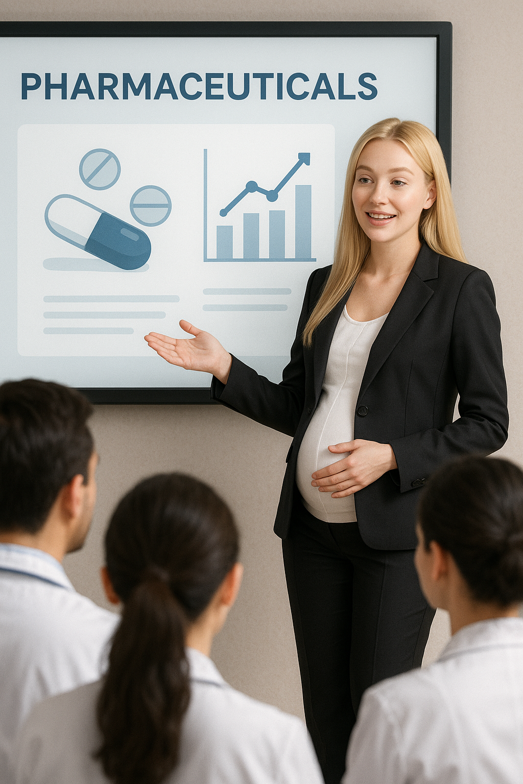 Нарисуй красивую девушку блондинку, с длинными волосами, в деловом костюме беременную. Она врачам читает лекцию на экран виведен слайд с препаратами и графиками