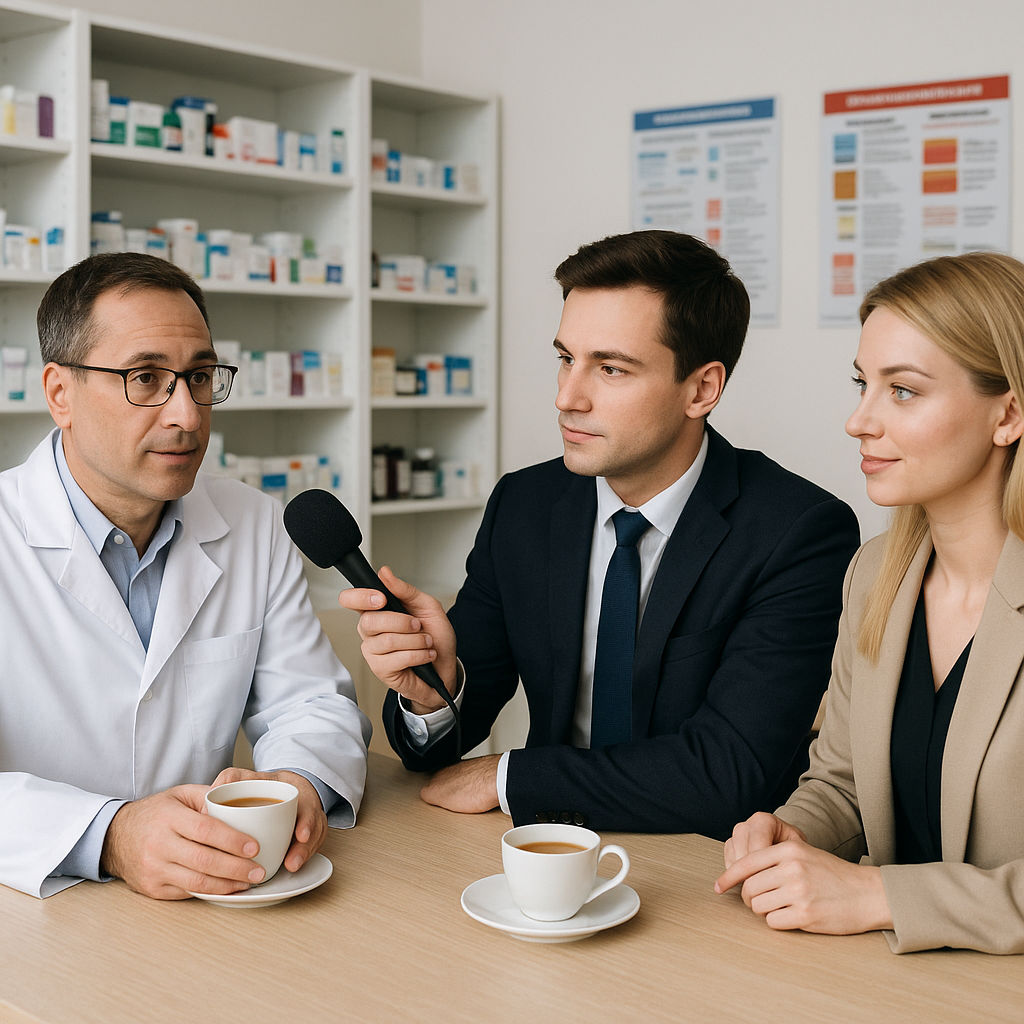 ИЗобрази фармацевта в белом халате у которого берут интервью парень в деловом костюме и девушка блондинка, микрофон держит парень, а девушка просто слушает. Они сидят в кабинете заведующей аптеке, за столом, под беседу пьют чай  на фоне виднышкафы с медикаментами, плакаты по препаратам