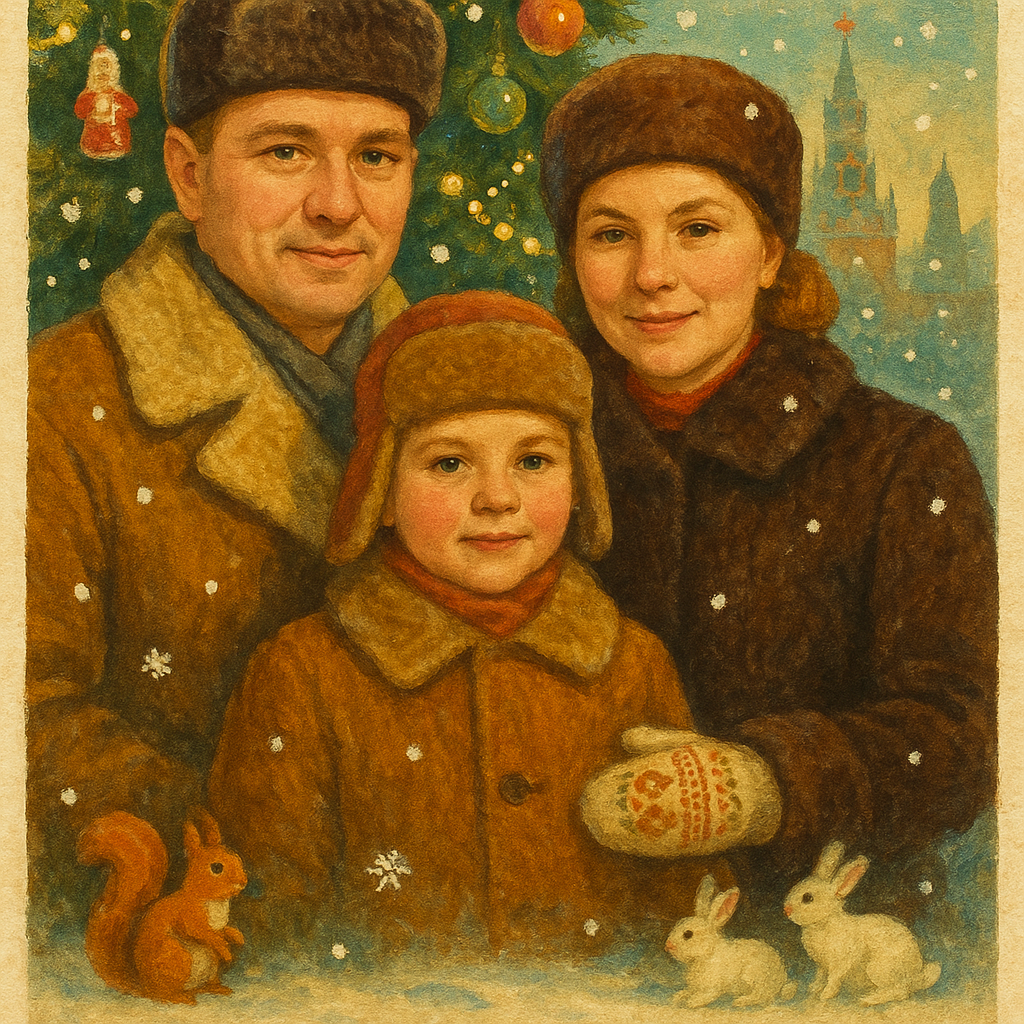На основе загруженного фото создай живописную иллюстрацию в стиле советской новогодней открытки 1950–70-х годов. Используй технику гуаши/темперы с имитацией шероховатой бумаги и лёгкой растровой фактуры печати.
Композиция:
Семья (три человека) расположена в центре кадра, слегка повёрнута к камере.
Персонажи сохраняют точные черты лица, мимику и пропорции с оригинальной фотографии (без мультяшности).
Прямой взгляд, мягкие полуулыбки.
Образы персонажей:
Мужчина в тёплой дублёнке и шапке из ондатры.
Женщина в шубе и меховой шапке из норки, с варежками, украшенными орнаментом.
Ребёнок в тёплой шубке и шапке в советском стиле, с естественным румянцем от мороза.
Фон:
Пушистые ели, украшенные советскими стеклянными ёлочными игрушками и гирляндой лампочек.
Крупные снежинки, падающие на переднем плане.
В нижней части композиции добавь маленьких зверушек (белочки, зайчики) в мягкой сказочной манере.
На дальнем плане — силуэт Кремля в Москве.
Детали:
Надпись «С НОВЫМ ГОДОМ!» в характерной советской типографике (ретро-плакат), размещена в нижней части открытки.
Узкая светлая рамка по краям изображения.
Цветовая палитра:
Тёплые винтажные оттенки: охра, оливковый, киноварь, изумруд, снежно-белый.
Мягкие тени, без глубокого контраста.
Атмосфера уютная, праздничная, ностальгическая.