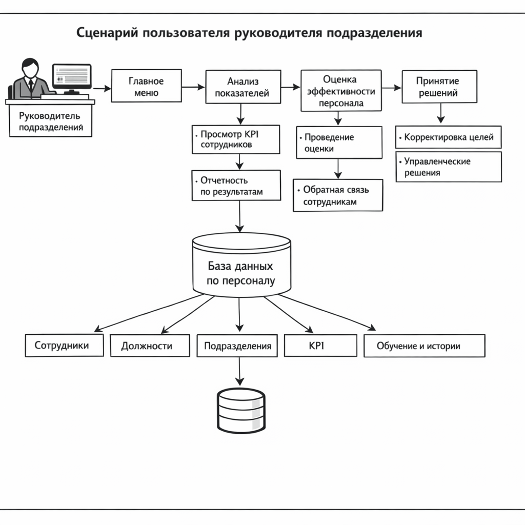 Типовой сценарий пользователя (на примере руководителя подразделения)  представлен на Рисунке 23

 
Рисунок 23 – Сценарий пользователя

База данных (БД) системы управления эффективностью персонала представляет собой централизованное хранилище структурированных данных, обеспечивающее их целостность, безопасность и быстрый доступ для решения задач управления персоналом.
Основные параметры БД представлены в Таблице 32.

Таблица 32
Основные параметры БД

Параметр	Характеристика
Тип	Реляционная (на основе SQL-СУБД - PostgreSQL
Структура 	Нормализованная (3NF) для минимизации избыточности и обеспечения исторических данных
Объем 	Расчетный объем на 5 лет – 10 ГБ ( с учетом роста штата и накопления исторических данных)
Производительность	Время отклика на типовой запрос – не более 2 секунд при одновременной работе до 100 пользователей

В Таблице 33 приведены ключевые сущности БД (RE-модель).

Таблица 33
Ключевые сущности БД

Сущность	Основные атрибуты
«Сотрудник»	Табельный номер, ФИО, должность, подразделение, дата приема на работу, контакты и т.д.
«Должность»	Код, наименование, требования к квалификации, KPI
«Подразделение»	Код, название, вышестоящее подразделение, руководитель 
«KPI»	Идентификатор, название, единица измерения, норматив, период оценки, вес, формула расчета
«План обучения»	Номер, сотрудник, программ обучения, бюджет, сроки, статус выполнения
«Карьерная траектория»	ID, сотрудник, целевая должность, срок достижения, этапы развития, ответственный
«Оценка эффективности»	ID, сотрудник, период оценки, значение KPI, итоговая оценка
«История изменений»	ID, записи, объект изменения, дата и время, пользователь, старое и новое значение
составь схему в черно-белом варианте без орфографических ошибок на русском языке. как будто - бы скриншот экрана рабочего стола