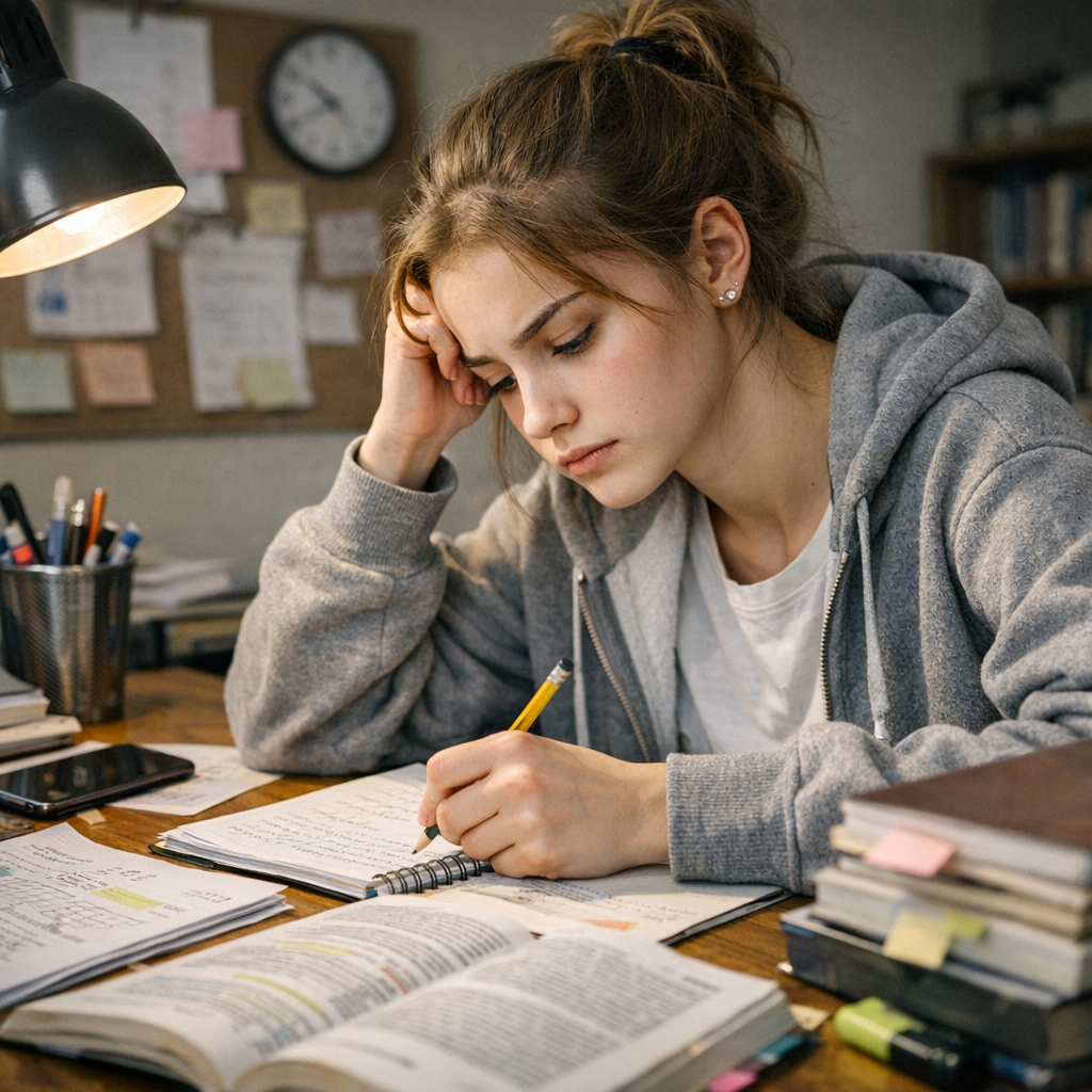 девушка подросток готовится к экзамену реалистичное фото гипердетализация