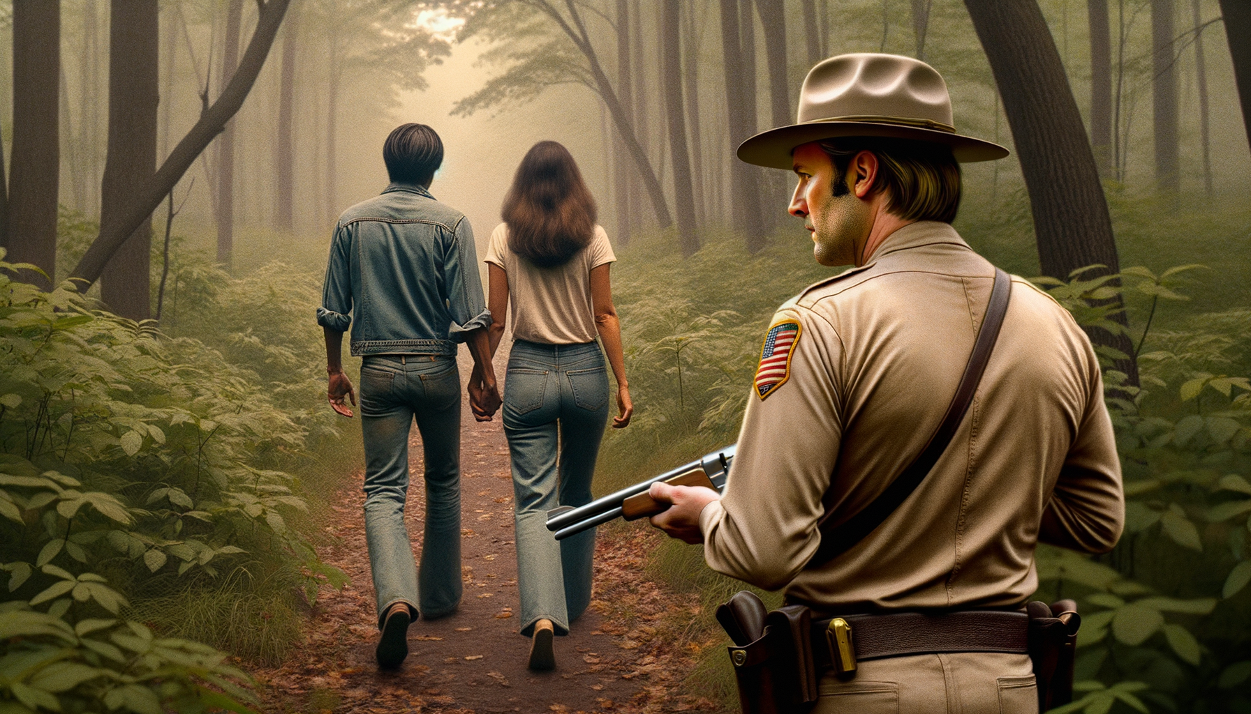 1976 год Заповедник Мак-Клинток, пара мужчина и женщина гуляют по тропинки в лесу, спиной к нам стоит американский мужчина с ружьем и наблюдает за ними