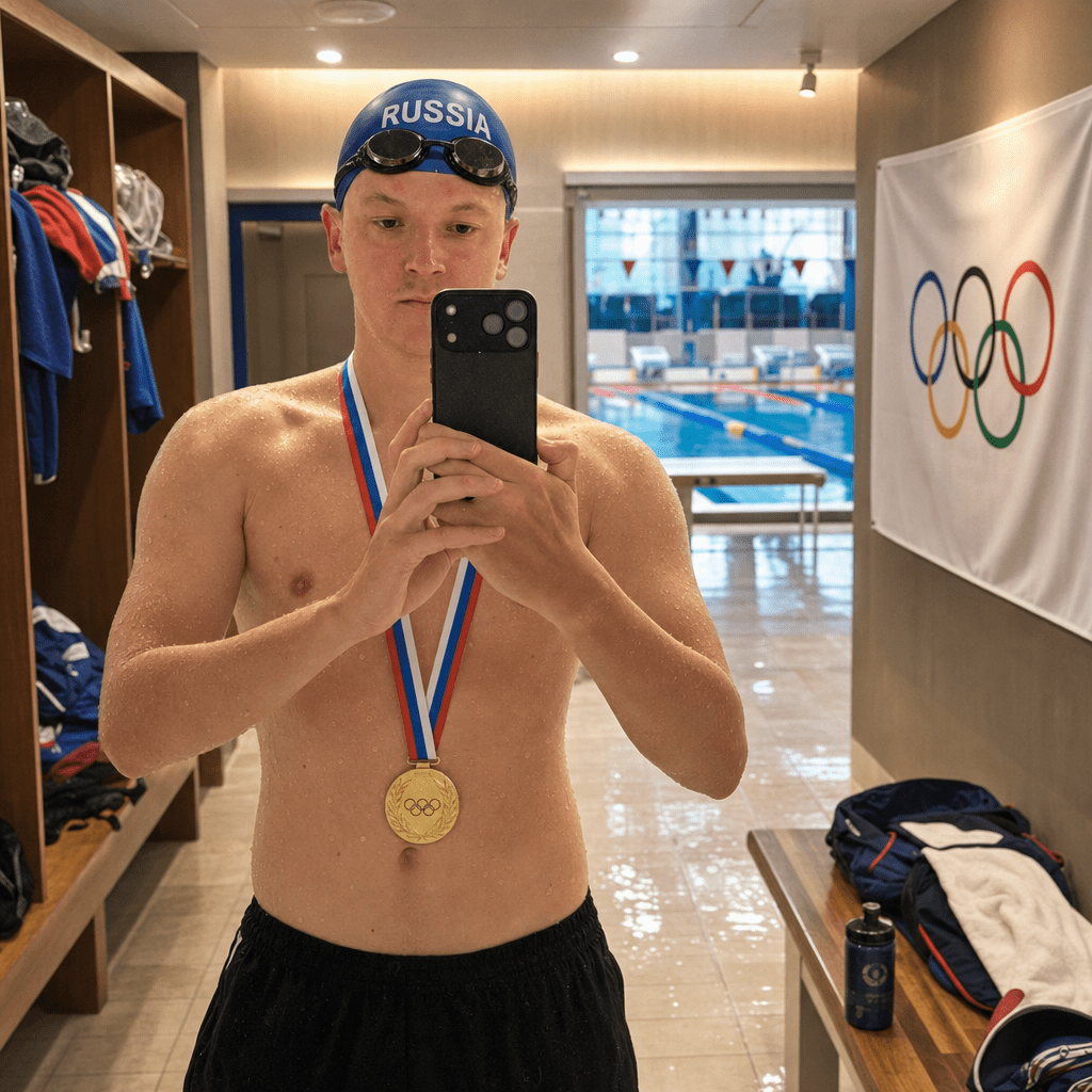 Transform the uploaded mirror selfie while keeping the man’s face, body, and pose unchanged (same framing, same phone-in-hand mirror selfie). Replace the scene with a professional Olympic swimming complex locker room in Russia. Dress him with a blue silicone swim cap featuring white text “RUSSIA” across the front; add swimming goggles pushed up onto his forehead (goggles rest above the eyes, straps around the cap). Add a gold Olympic medal hanging from his neck on a ribbon in the colors of the Russian flag (white-blue-red horizontal stripes). Change only the background and add the specified accessories/gear; keep natural proportions and the person’s exact identity and pose. Background details: realistic locker room at poolside with warm lighting, Olympic banner on a wall showing the Olympic rings; in the mirror reflection, show visible swimming lanes/poolside beyond. Add a wet-skin effect on his bare chest/shoulders/arms as if post-race. Photorealistic smartphone photo look, high detail, natural skin texture, realistic shadows, no cartoon style, no extra people, no text besides the “RUSSIA” on the cap and the Olympic banner rings.