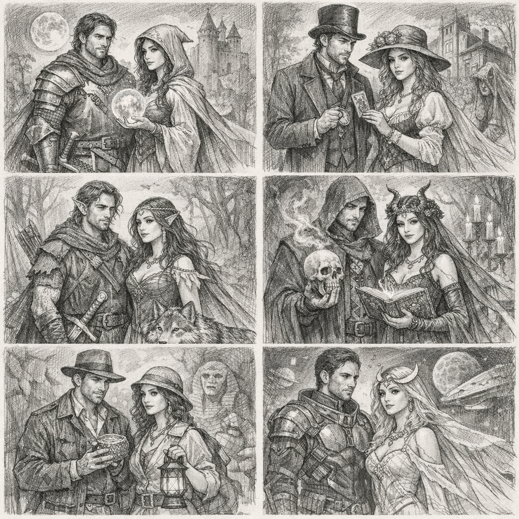 Создай образы женщины и мужчины штук шесть в разные года, добавь элементы мистики, фэнтази