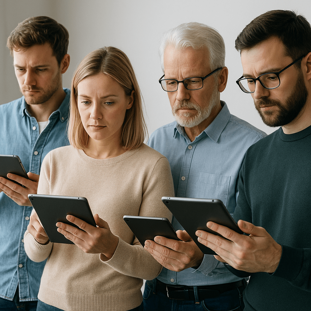 группа белых людей изучает информацию на планшетах, у каждого свой планшет, реалистичное фото