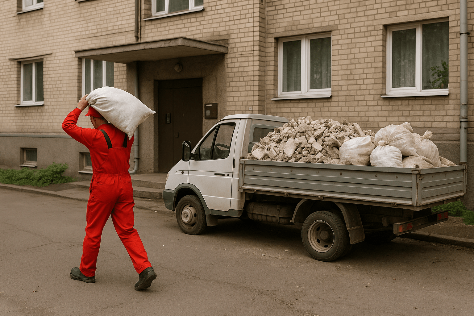 Возле подъезда многоквартирного дома стоит газель загруженная строительным мусором, а к ней идет грузчик в в красном рабочем комбинезоне и несет мешок строительного мусора