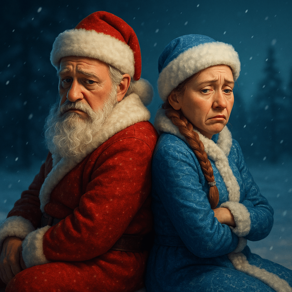 A sad middle-aged couple dressed as Ded Moroz and Snegurochka sitting back to back, cinematic lighting, winter background, emotional, dramatic comedy style A sad middle-aged couple dressed as Ded Moroz and Snegurochka sitting back to back, cinematic lighting, winter background, emotional, dramatic comedy style
