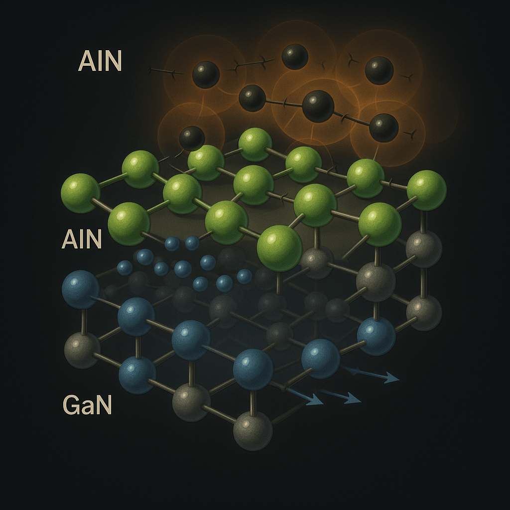 Create a high-quality scientific illustration of an AlN/GaN heterostructure. Atoms should be depicted as colored balls. The size and color of the ball should correspond to the type of atom. The image should contain: 1. A cross-section of a two-layer structure consisting of atoms arranged in a clear hexagonal spatial lattice: - the bottom layer consists of gallium and nitrogen atoms (blue and gray balls); - the top layer consists of gallium and nitrogen atoms (green and gray balls). Both layers are connected to each other. Atomic bonds are illustrated with thin lines. In the upper part of the bottom GaN layer, corresponding to the quantum well region, depict 2DEG electrons - a number of small (significantly smaller than the size of atoms) blue balls. Add the directions of motion for electrons as thin arrows. 2. An image of surface charges and the field potential emanating from these charges. Depict broken bond lines on the surface. Depict charges as randomly distributed black spheres on the surface of the top layer (AlN). Depict the field potential emanating from the charges as translucent spherical regions penetrating the bottom GaN layer. 2DEG electrons (small blue spheres) bend around these regions. Electron flow arrows also do not penetrate the potential region. Use a semi-realistic, clean digital painting style with a dark background for contrast. Avoid large objects in the drawing. Focus on accurately matching the drawing to the description. Good detail in the drawing.