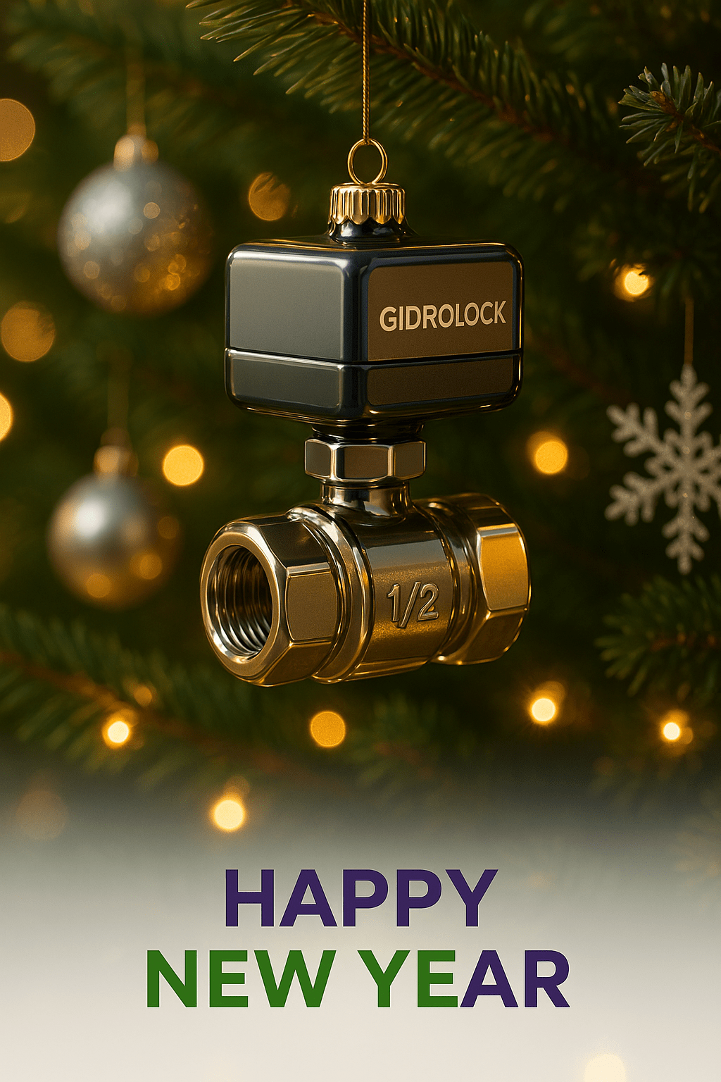 Photorealistic New Year's scene. Christmas tree ornament in the form of a Gidrolock ball valve with electric actuator: compact brass ball valve with a massive metallic body, precise lathe-turned finish, and hexagonal zones for the wrench, featuring a small 1/2 engraving on the side. Mounted on top is a rectangular electric actuator with smooth edges, actuator body in engineering tones (gray, black, metallic with a neat brand color accent), with a clean Gidrolock inscription on the side. The entire unit looks like a monolithic, reliable technical module for automatic water shutoff, with slightly slimmed-down proportions to aesthetically fit as an ornament. This entire valve-actuator assembly is rendered as a volumetric New Year's hanging glass ornament with glossy reflections and shine, topped with a thin golden loop and hanging thread.

The ornament hangs on a fluffy, festively decorated Christmas tree among green needles, twinkling garlands, silver and gold balls, snowflakes, and warm glowing lights. Shallow depth of field: the valve-ornament in sharp focus, tree background and lights softly blurred, creating a festive glow. Warm, New Year's color atmosphere, possibly with yellow-purple light accents. In the lower part of the frame (about the bottom third of the image), a clean, bright, slightly blurred space without details, with a soft gradient, specifically left for greeting text so the inscription reads clearly. Gidrolock brand colors: green and purple. Aspect ratio: horizontal 16:9. Medium: postcard. Style: professional studio product photography, high detail, realistic lighting, 8K, festive mood.