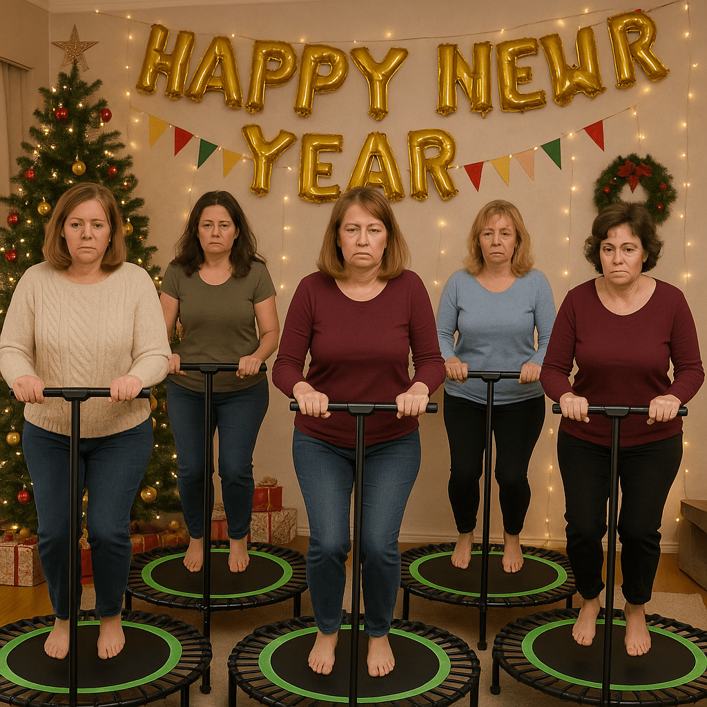 I need a picture of five mini trampolines for jumping. On each trampoline, women in their 40s, not very athletic, are jumping with melancholy on their faces. There's a New Year's atmosphere all around.