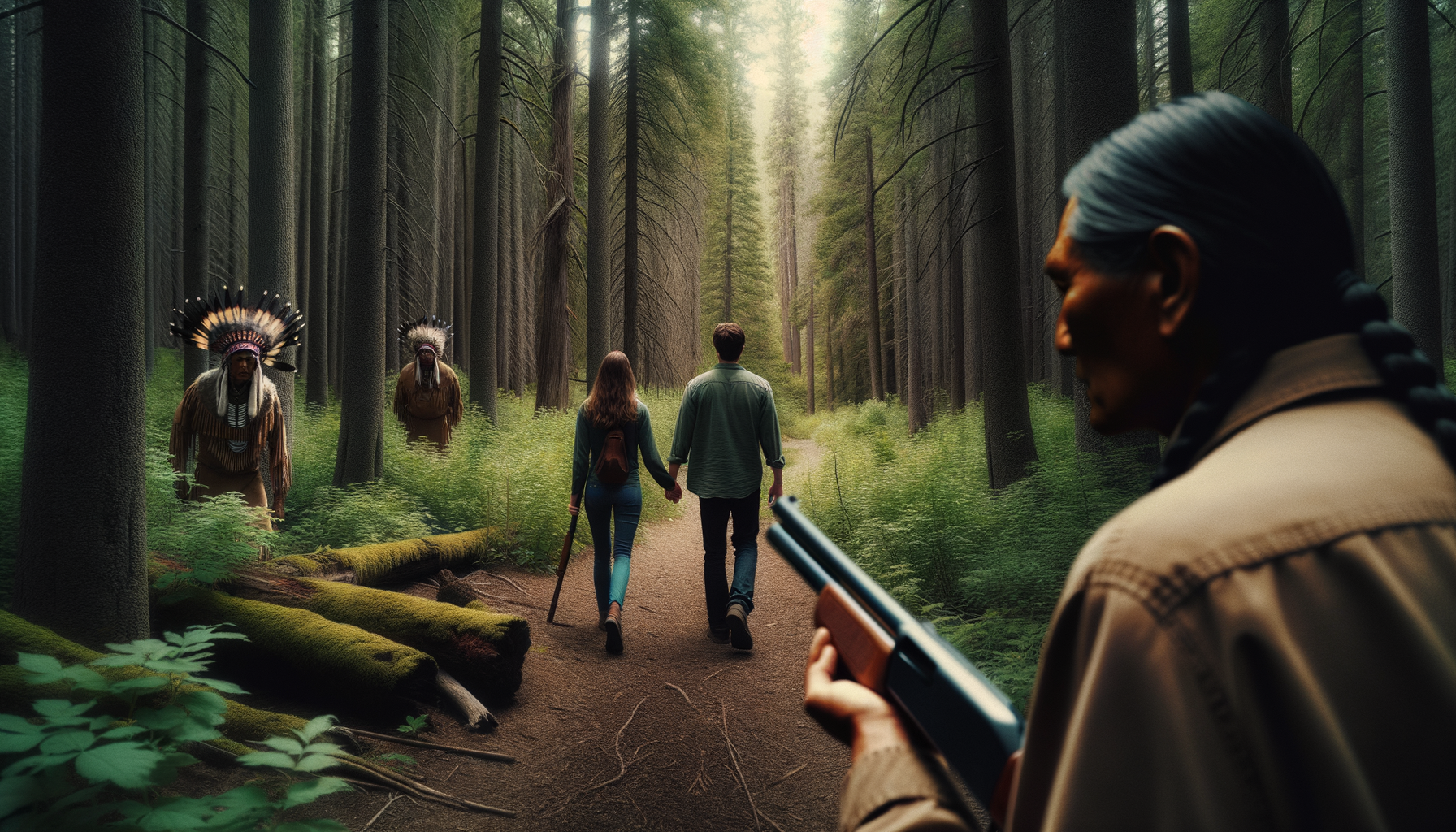 Заповедник Мак-Клинток, пара мужчина и женщина гуляют по тропинки в лесу, спиной к нам стоит мужчина с ружьем и наблюдает за ними
