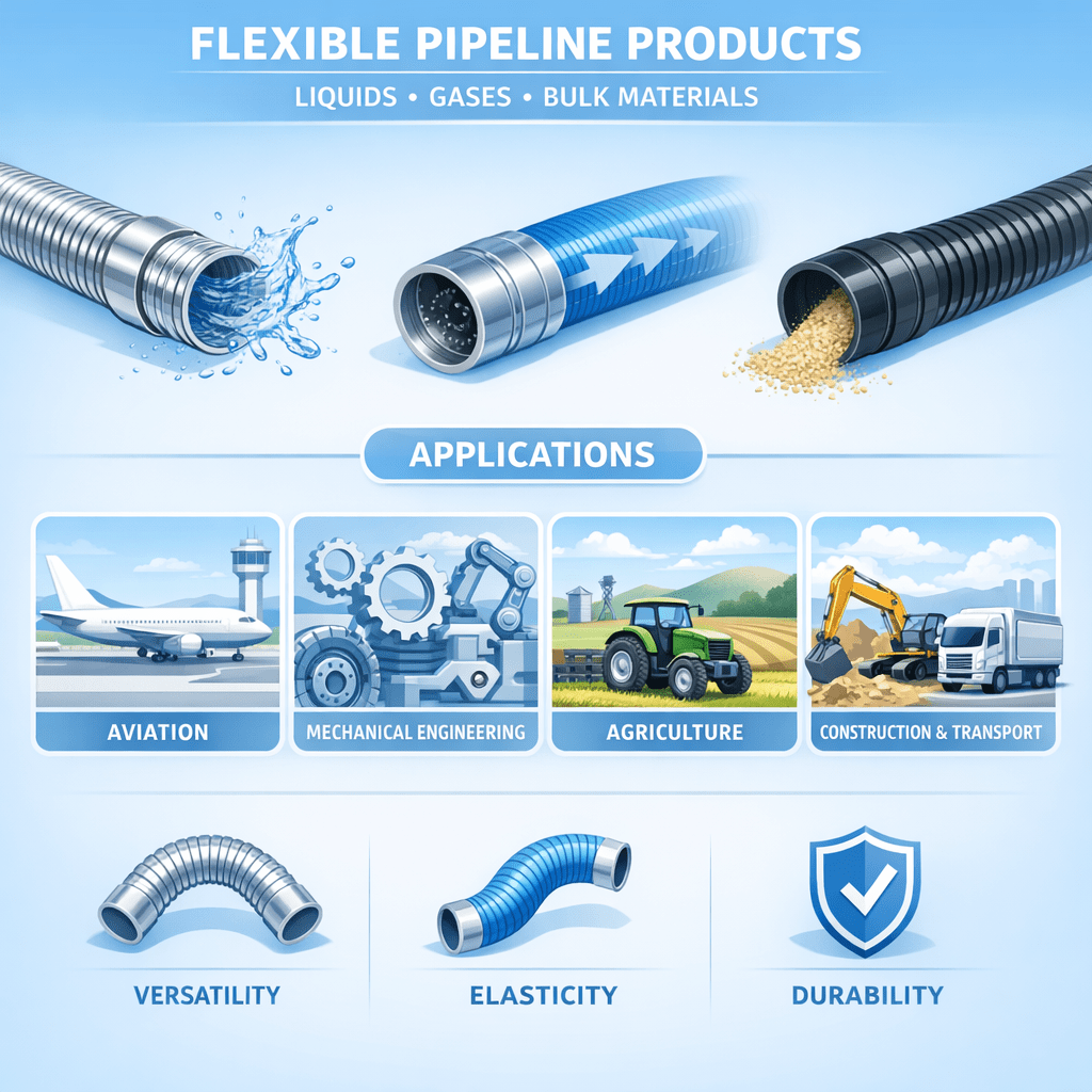 Flexible pipeline products for transporting liquids, gases, and bulk materials.
Application: aviation, mechanical engineering, agriculture, construction, transportation, etc.
Features: versatility, elasticity, and durability. НАРИСУЙ СХЕМУ БЕЗ ОРФОГРАФИЧЕСКИХ ОШИБОК И В СВЕТЛО-ГОЛУБОМ СТИЛЕ