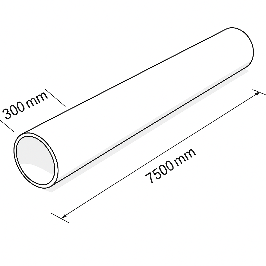 A clean technical illustration of a cylindrical pipe. Diameter: 300 mm (label it as 300 mm). Length: 7500 mm (label it as 7500 mm). Show the pipe in 3/4 perspective on a white background with a subtle gray shading. Include dimension arrows or callouts indicating diameter and length. Use a simple engineering drawing style, crisp lines, high resolution.