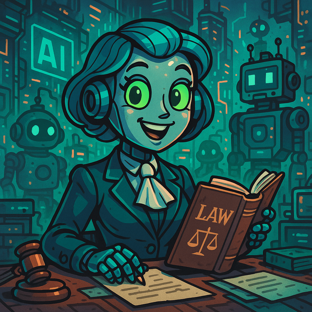 A cartoonish female robot lawyer with green eyes works in a world of robots and AI
