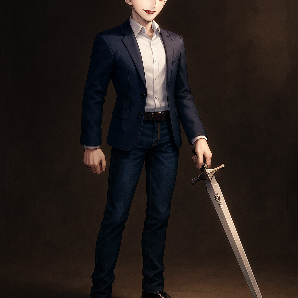 Молодой человек — один из самых верных заместителей лорда Гальватрона, несмотря на свой юный возраст. В свой 21 год он уже командует собственным отрядом предаконов и пользуется уважением как союзников, так и бывших противников. Внешне он представляет собой высокого стройного молодого человека с благородными чертами лица. Светлые, короткие почти платиновые волосы, уложенные в кфифф с фейдом и слоями, что придает ему немного формальный, но изысканный вид. Самая запоминающаяся черта его лица — необычные глаза нежно-красного цвета, которые могут казаться пугающими незнакомцам, но на самом деле часто светятся юношеским энтузиазмом и любопытством. У него есть небольшие, но заметные клыки как на верхней, так и на нижней челюсти, наследие его предаконской сущности. Они становятся особенно заметны, когда он улыбается, что добавляет его облику легкий хищный оттенок. В одежде предпочитает элегантный, но современный стиль. Его обычный наряд состоит из приталенного тёмно-голубого пиджака, белоснежной рубашки, классических джинсов и высоких лакированных оксфордов. Этот стиль отражает его характер — традиционный в основе, но с современными элементами. В качестве личного оружия предпочитает клинок, который сам выковал из кибертронской стали — длинный, прямой и легкий с выгравированным на лезвии древним предаконским символом. Он виртуозно владеет этим оружием, но также не имеет ничего против использования современного огнестрельного или плазменного оружия, признавая их эффективность. По характеру энергичный, полный энтузиазма и постоянно стремящийся к новым знаниям и навыкам. Он искренне верен своему лорду и делу защиты Кибертрона. Его ум острый и творческий, он часто находит нестандартные решения проблем.