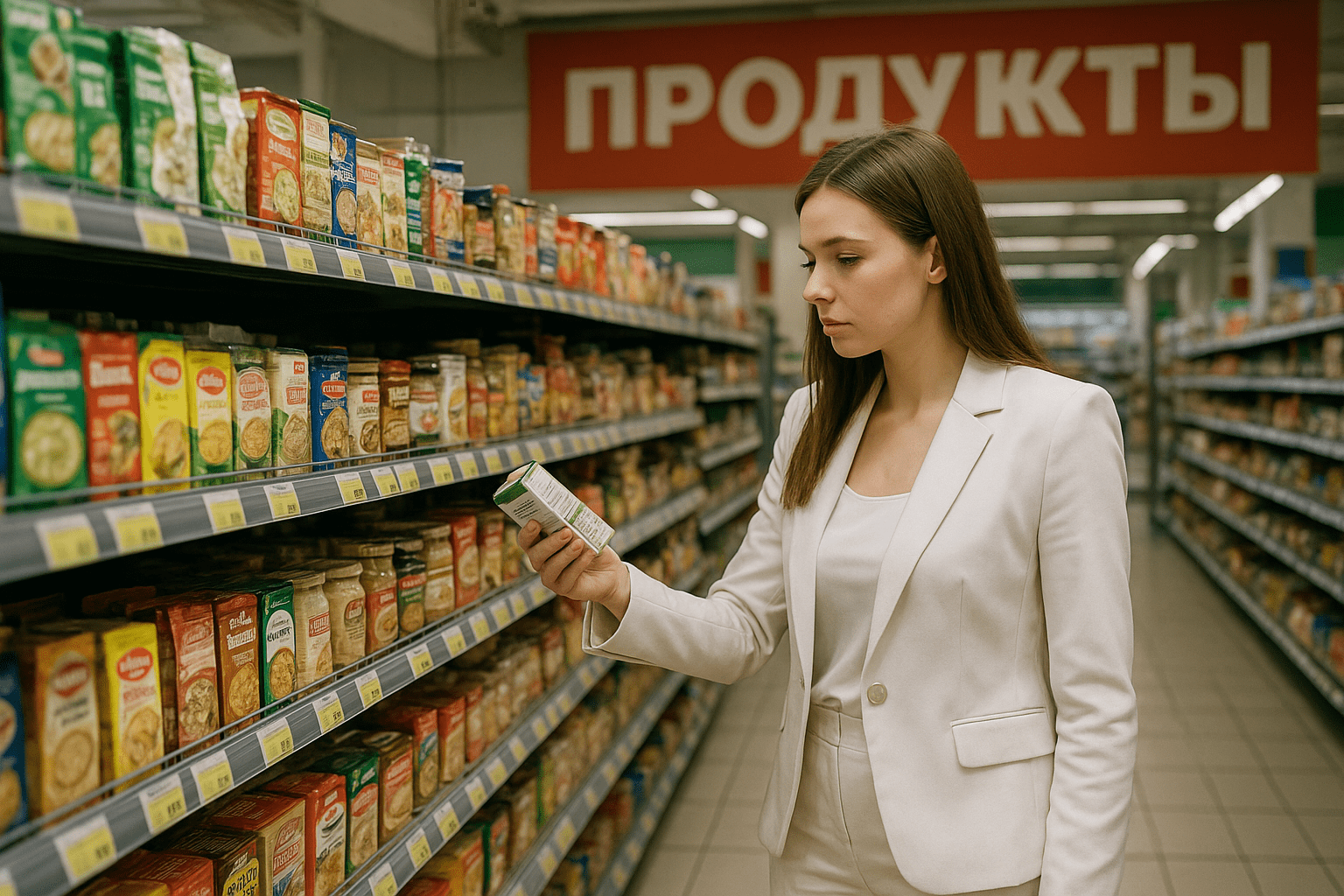 белая девушка в костюме в магазине изучает продукты на полке в русском супермаркете реалистичное фото